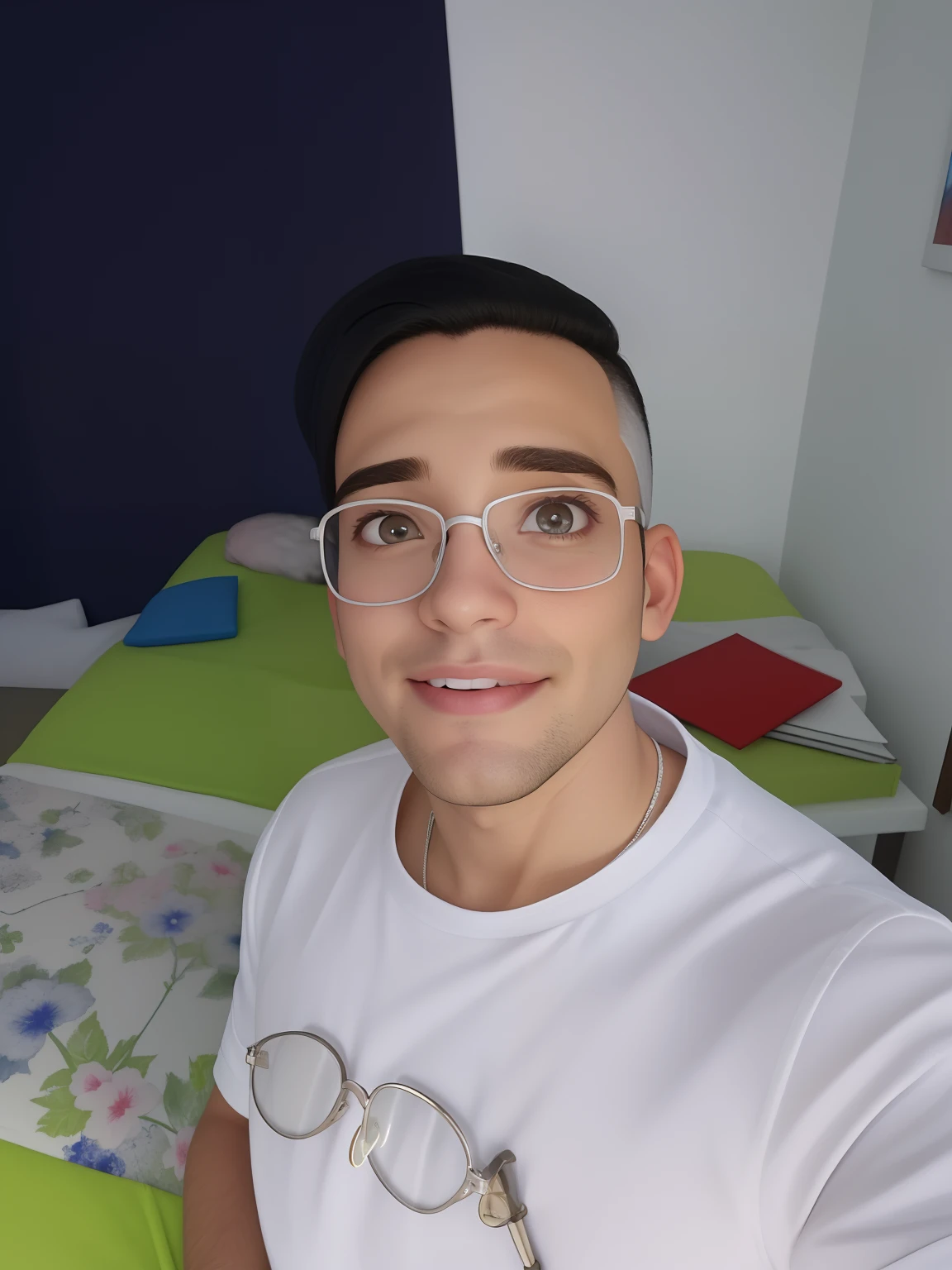 Um homem de 30 anos, com cabelos castanhos curtos,face de diamante, olhar rigoroso, e olhos castanhos, Wearing white white shirt with tie and glasses.