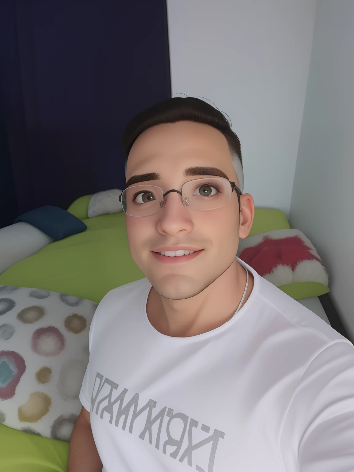 Um homem de 30 anos, com cabelos castanhos curtos,face de diamante, olhar rigoroso, e olhos castanhos, Wearing white white shirt with tie and glasses.