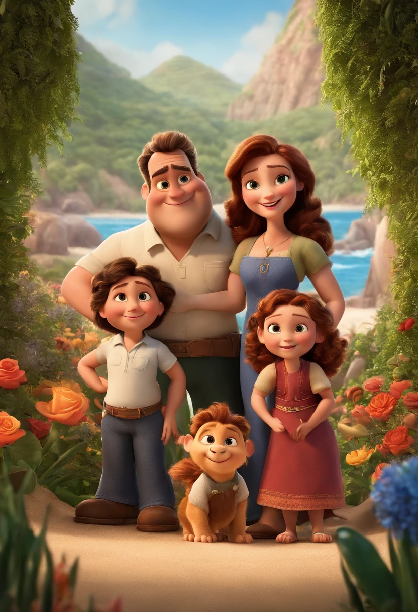 a Disney Pixar movie poster showing a white-skinned family. The father is the tallest, Tem barba curta, loiro, cabelos curtos e espinhosos. The mother has brown eyes and hair, shoulder-length and is slightly overweight. A tem 4 anos e cabelos castanhos, roupa rosa e rabos de cavalo. The background is a beach garden. 3D-rendering