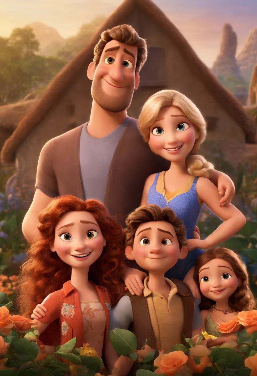 a Disney Pixar movie poster showing a white-skinned family. The father is the tallest, Tem barba curta, loiro, cabelos curtos e espinhosos. The mother has brown eyes and hair, shoulder-length and is slightly overweight. A menina tem 4 anos e cabelos castanhos, roupa rosa e rabos de cavalo. The background is a beach garden. 3D-rendering