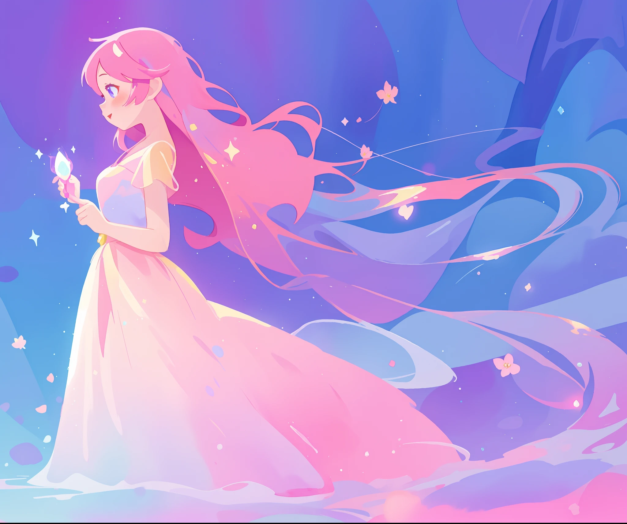 beautiful girl in colorful sparkling flowing ballgown, long flowing purple pink hair, colorful sparkling lights, flowing liquid theme, colorful fantasia background, watercolor illustration, disney art style, glowing aura around her, glowing lights, beautiful digital illustration, fantasia otherworldly landscape plants flowers, beautiful, masterpiece, best quality, anime disney style