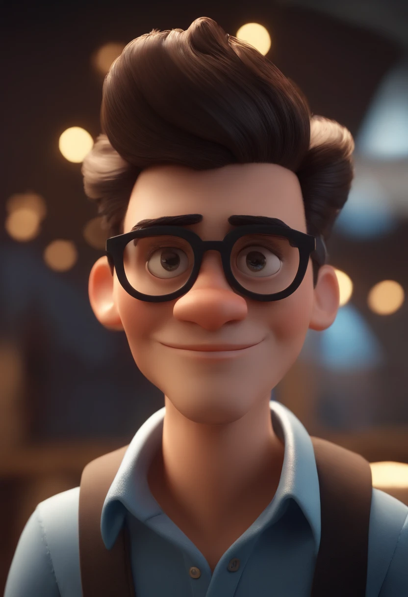 Cartoon character of a man wearing black glasses and a blue shirt, um personagem animado, Caractere estilizado, animation style rendering, 3D estilizado, Arnold Maya render, 3 d render stylized, toon render keyshot, Personagem 3D, Personagem 3D, 3d rendering stylized, 3 d character render, personagem de desenho animado, Personagem de close up, Pose de personagem, (Estilo Pixar) (master part:1.2) (Bokeh) (best quality) (pele detalhada) (textura detalhada) (8k) (argila) (Cinematic lighting) (foco nítido,Senta e vaza a parte superior do corpo