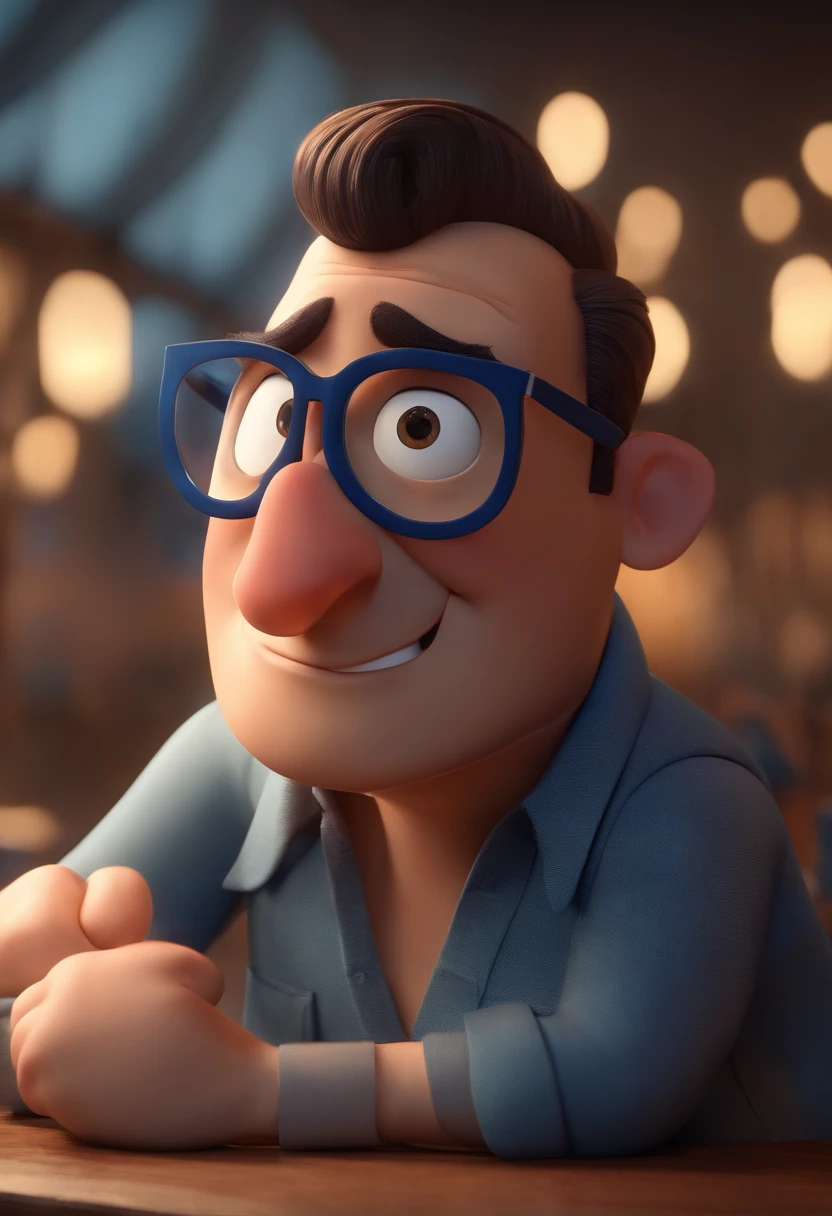 Cartoon character of a man wearing black glasses and a blue shirt, um personagem animado, Caractere estilizado, animation style rendering, 3D estilizado, Arnold Maya render, 3 d render stylized, toon render keyshot, Personagem 3D, Personagem 3D, 3d rendering stylized, 3 d character render, personagem de desenho animado, Personagem de close up, Pose de personagem, (Estilo Pixar) (master part:1.2) (Bokeh) (best quality) (pele detalhada) (textura detalhada) (8k) (argila) (Cinematic lighting) (foco nítido,Senta e vaza a parte superior do corpo