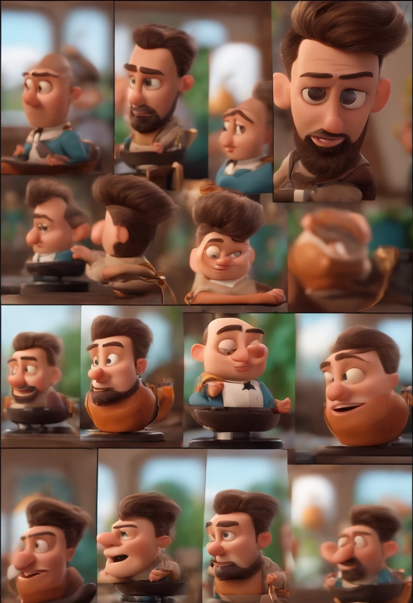 A Dream Barber Inspired by Pixar Animation, de perto. The character takes center stage with captivating facial expressions, oferecendo um toque de irrealidade, Cabelo curto e gordinho gradiente