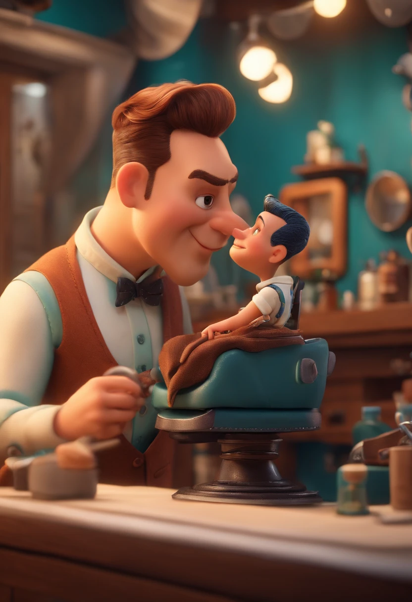 A Dream Barber Inspired by Pixar Animation, de perto. The character takes center stage with captivating facial expressions, oferecendo um toque de irrealidade, Cabelo curto e gordinho gradiente