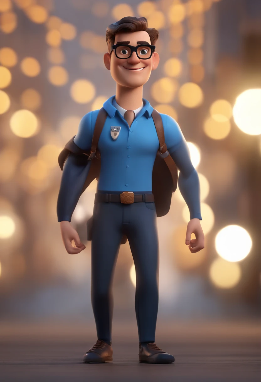 Cartoon character of a man wearing black glasses and a blue shirt, um personagem animado, Caractere estilizado, animation style rendering, 3D estilizado, Arnold Maya render, 3 d render stylized, toon render keyshot, Personagem 3D, Personagem 3D, 3d rendering stylized, 3 d character render, personagem de desenho animado, Personagem de close up, Pose de personagem, (Estilo Pixar) (master part:1.2) (Bokeh) (best quality) (pele detalhada) (textura detalhada) (8k) (argila) (Cinematic lighting) (foco nítido,Senta e vaza a parte superior do corpo