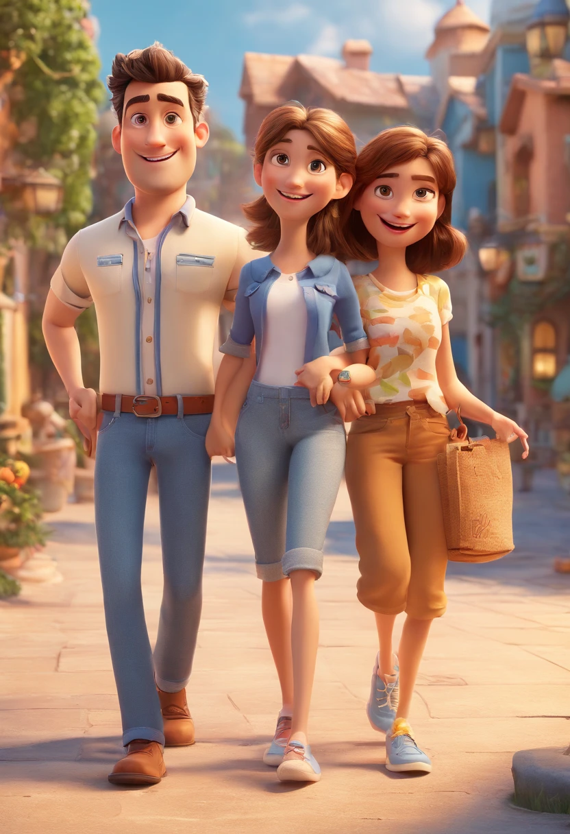 Cartoon of friends having fun on vacation together,  3D Animation Movie Poster, Poster de filme animado, pixar 3 d animation style, pixar renderman rendering, maia 8 mil, animated film, Disney Pixar Estilo 3D, amigos felizes saem juntos, all wearing light blue shirts and cream brown long pants, camisa azul clara, cream brown pants, ao ar livre, vacation, Disney Pixar Animation Poster
