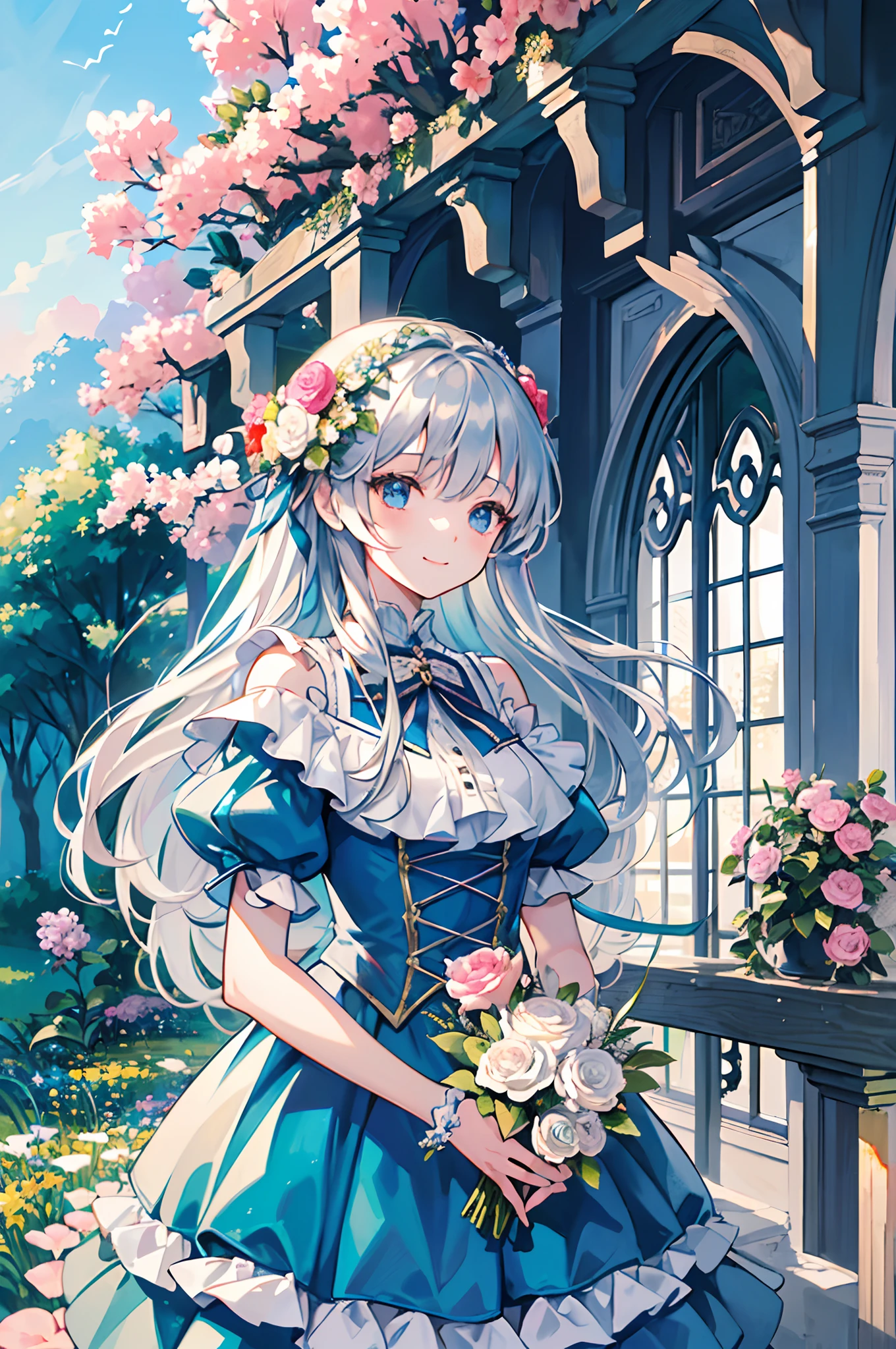 (masterpiece、top-quality、illustratio、Extremely high quality、high-level image quality、Extremely sensitive writing)Girl with long silver hair standing in beautiful flowery garden、A slight smile、She has a large bouquet、Cute national costume style dress with ruffles on the shoulders、Hair fluttering in the wind