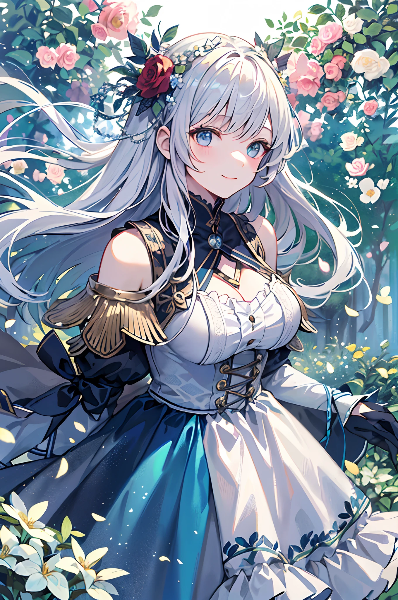 (masterpiece、top-quality、illustratio、Extremely high quality、high-level image quality、Extremely sensitive writing)Girl with long silver hair standing in beautiful flowery garden、A slight smile、She has a large bouquet、Cute national costume style dress with ruffles on the shoulders、Hair fluttering in the wind