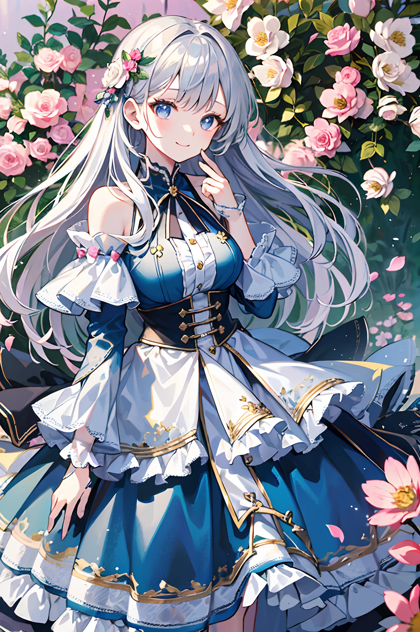 (masterpiece、top-quality、illustratio、Extremely high quality、high-level image quality、Extremely sensitive writing)Girl with long silver hair standing in beautiful flowery garden、A slight smile、She has a large bouquet、Cute national costume style dress with ruffles on the shoulders、Hair fluttering in the wind