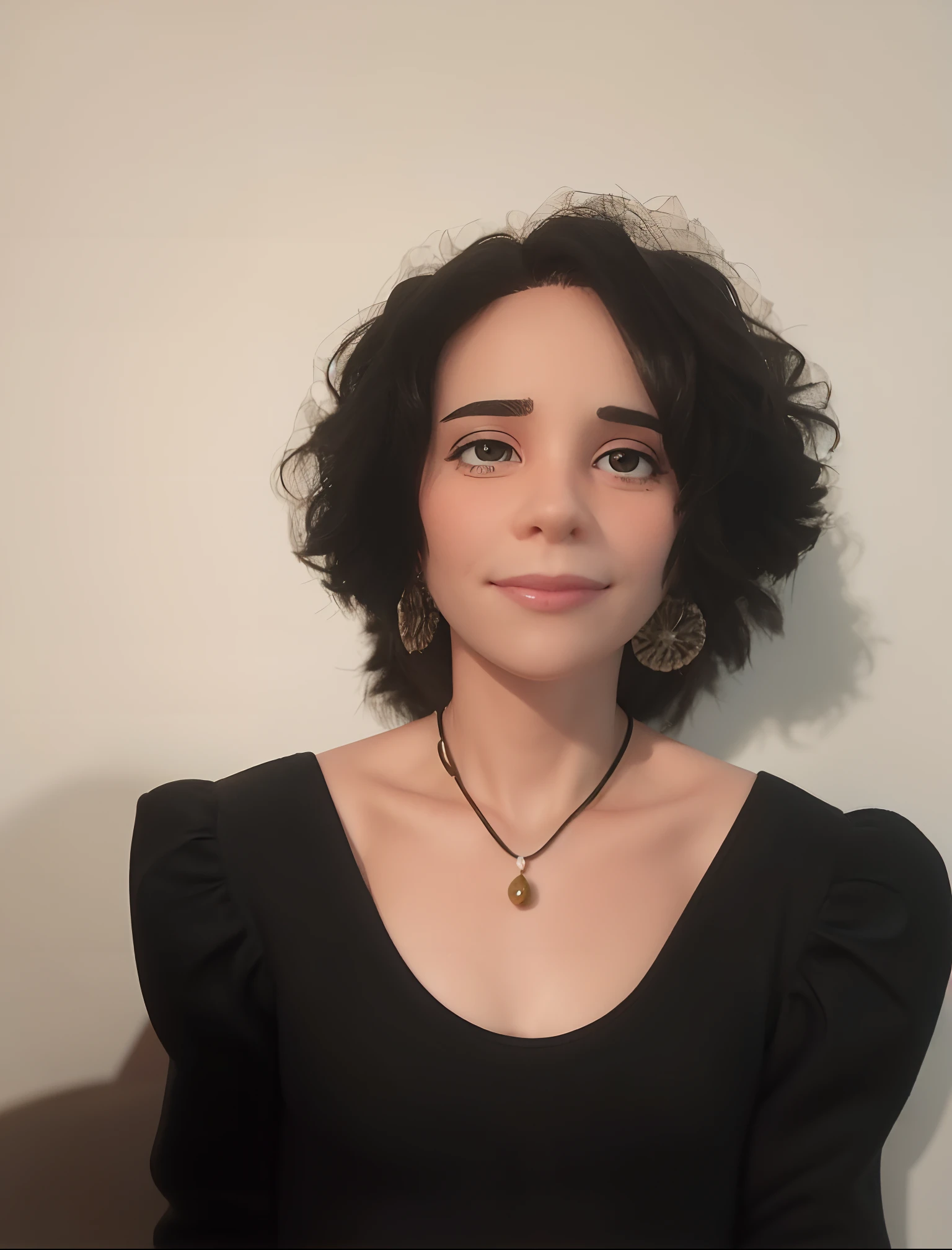 Create a Disney-style poster featuring a 40-year-old female character, Behind the cocked glasses, para mulheres, cabelos cor castanho claro na altura do ombro, sorriso feliz, queixo pequeno, . o cabelo deve ser cacheado, Caiu um pouco dos ombros. Roupa de confeiteira. Holding a small birthday cake in a pastry kitchen.