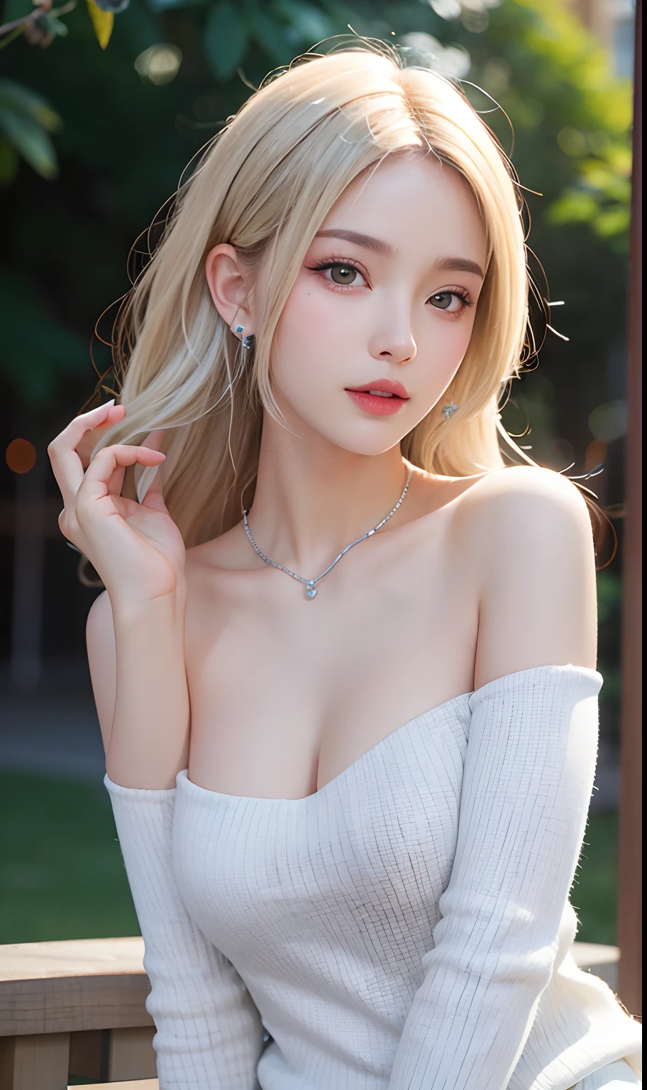 (8k, RAW photos, highest quality, high resolution:1.1), (hyperrealistic:1.4),(realistic, photorealistic:1.3), soft light,girl,realistic face,realistic body,realistic skin,absurdity,masterpiece,(cute:1.8),(big:1.2),sexual expression,blusher,off-shoulder knit,cleavage,film grain,cherry colored lips,wet hair, closeup,looking viewer,long hair,full body,upper teeth, depth of field, blurry background,eye focus,young,85mm lens,f/1.4,professional lighting,portrait,photon mapping,physically based rendering,tattoo,embarrassing,transparency,silver blonde hair,