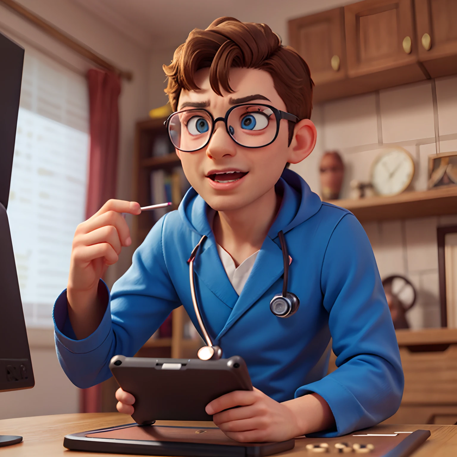 Doctor Man Playing Video Game, olhos castanhos, glasses, Feliz