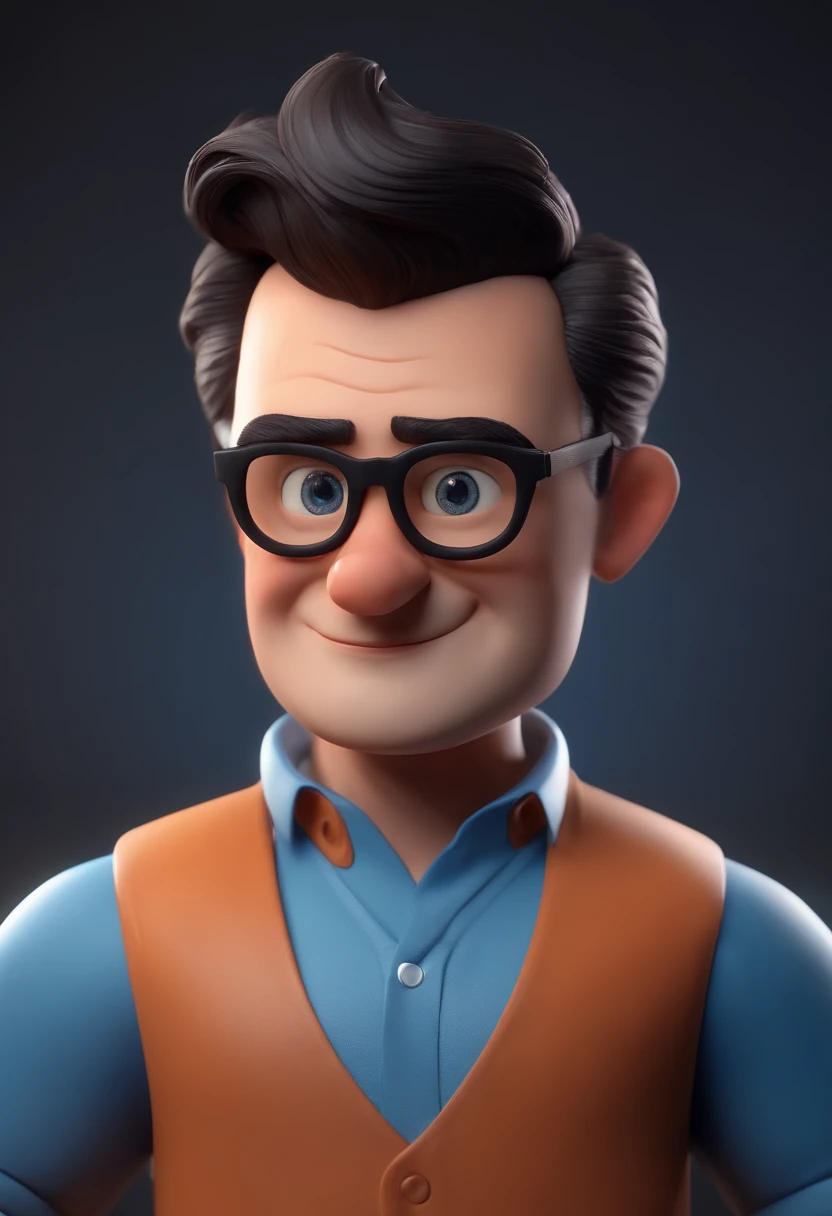 Cartoon character of a man wearing black glasses and a blue shirt, um personagem animado, Caractere estilizado, animation style rendering, 3D estilizado, Arnold Maya render, 3 d render stylized, toon render keyshot, Personagem 3D, Personagem 3D, 3d rendering stylized, 3 d character render, personagem de desenho animado, Personagem de close up, Pose de personagem, (Estilo Pixar) (master part:1.2) (Bokeh) (best quality) (pele detalhada) (textura detalhada) (8k) (argila) (Cinematic lighting) (foco nítido,Senta e vaza a parte superior do corpo