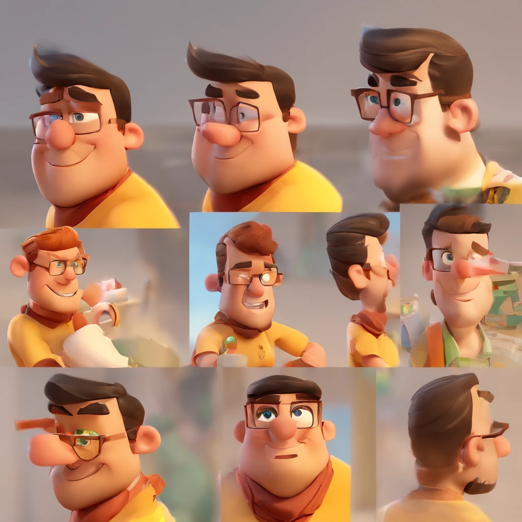 Criar um personagem no estilo Pixar. Trata-se de um homem de 30 anos, com barba, Branco, com cabelos castanhos curtos e um quiff, e olhos castanhos. Ele deve estar na frente de um computador, Trabalhar como designer