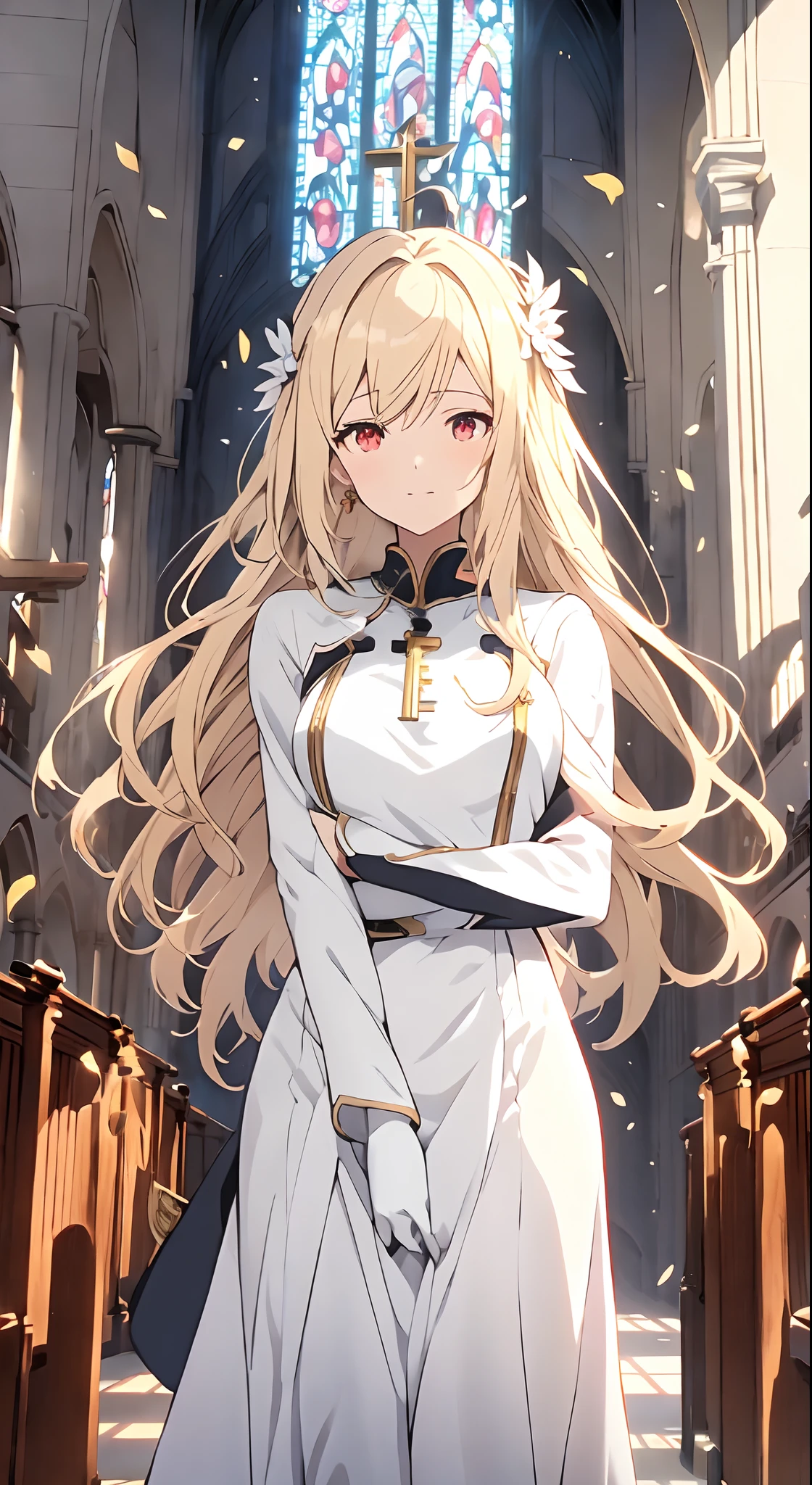 Anime girl in a church with white dress, blonde anime girl with long hair, anime goddess, Charaktere aus Azur Lane, detailed key anime art, anime visual of a cute girl, Bestes Anime 4K Konachan Hintergrundbild, Cushart Krenz Key Art Feminin, Pretty female cleric