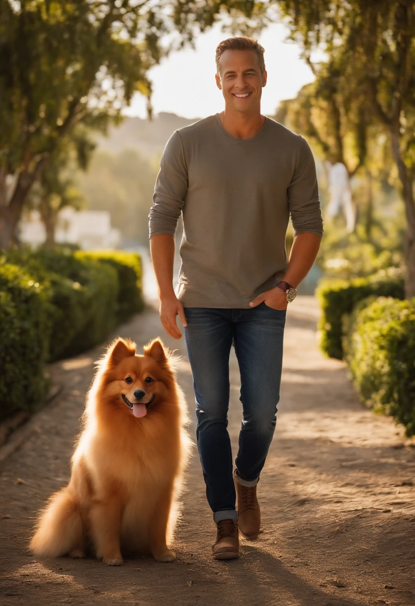 Pixar. Couple with an orange german spitz dog. A menina tem os cabelos preso com rabo de cavalo na cor castanho com luzes loiras, Camiseta cinza e jeans claro. O menino de cabelos castanhos , He doesn't have a beard, Dark blue jeans and gray t-shirt. O menino tem 32 anos e a menina 29