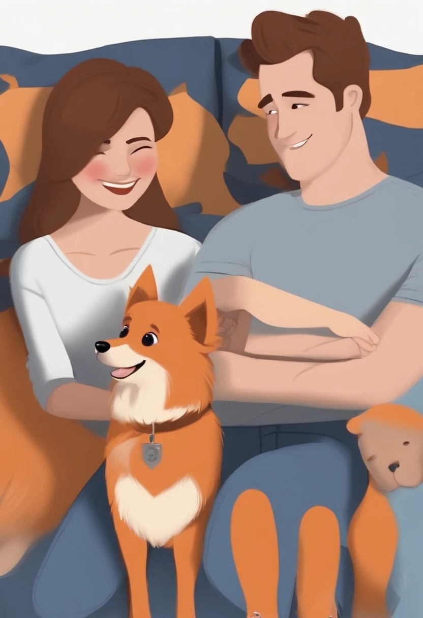 Pixar. Couple with an orange german spitz dog. A tem os cabelos preso com rabo de cavalo na cor castanho com luzes loiras, Camiseta cinza e jeans claro. O meninobelos castanhos , He doesn't have a beard, Dark blue jeans and gray t-shirt. O menino tem 3 e a menina 29
