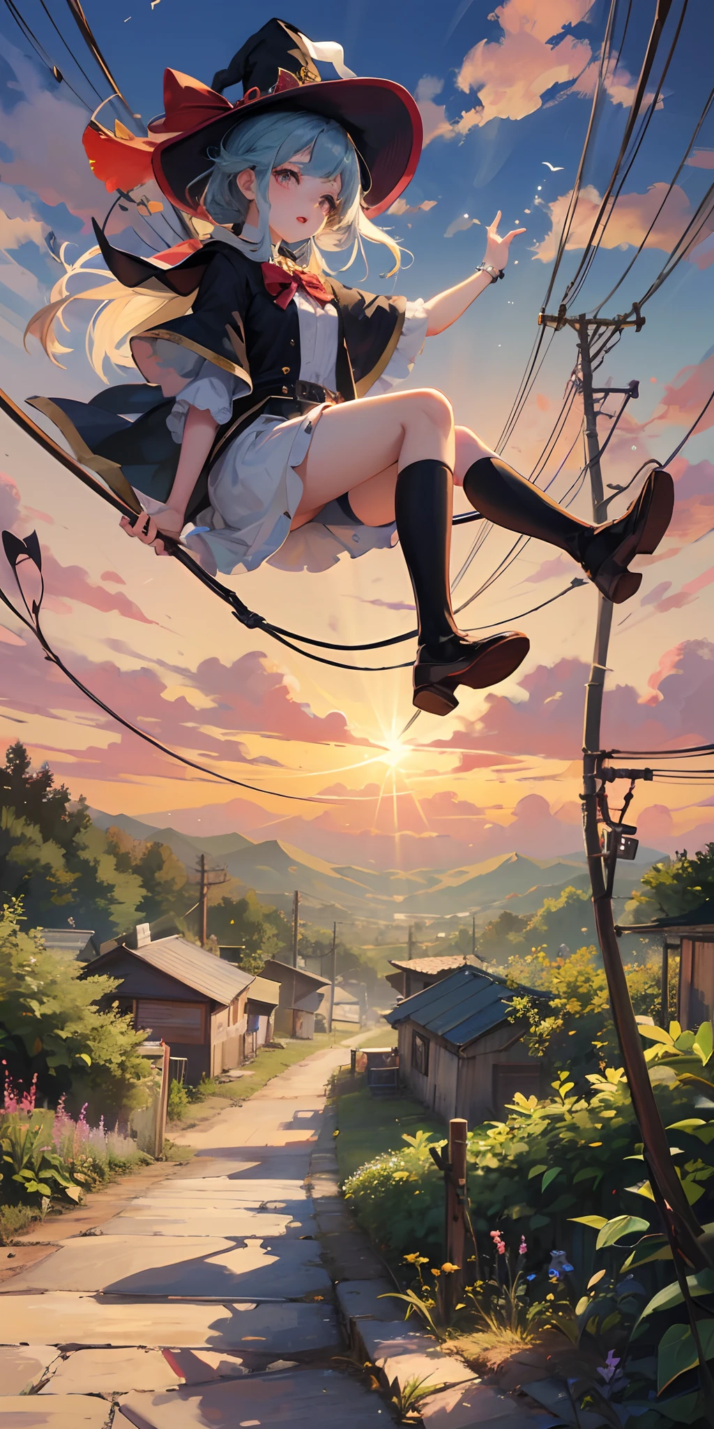 a cute  Little Witch girl trying to fly through electricity from electrical wires, rural place in the background, sunny climate --auto --s2