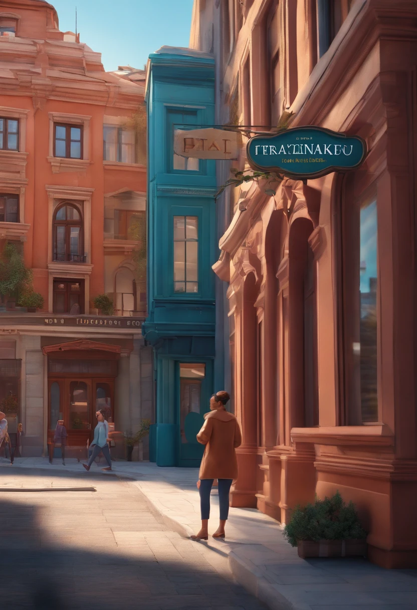 Pixar 3D-style drawing of a slimming clinic in the city center with a character in the foreground