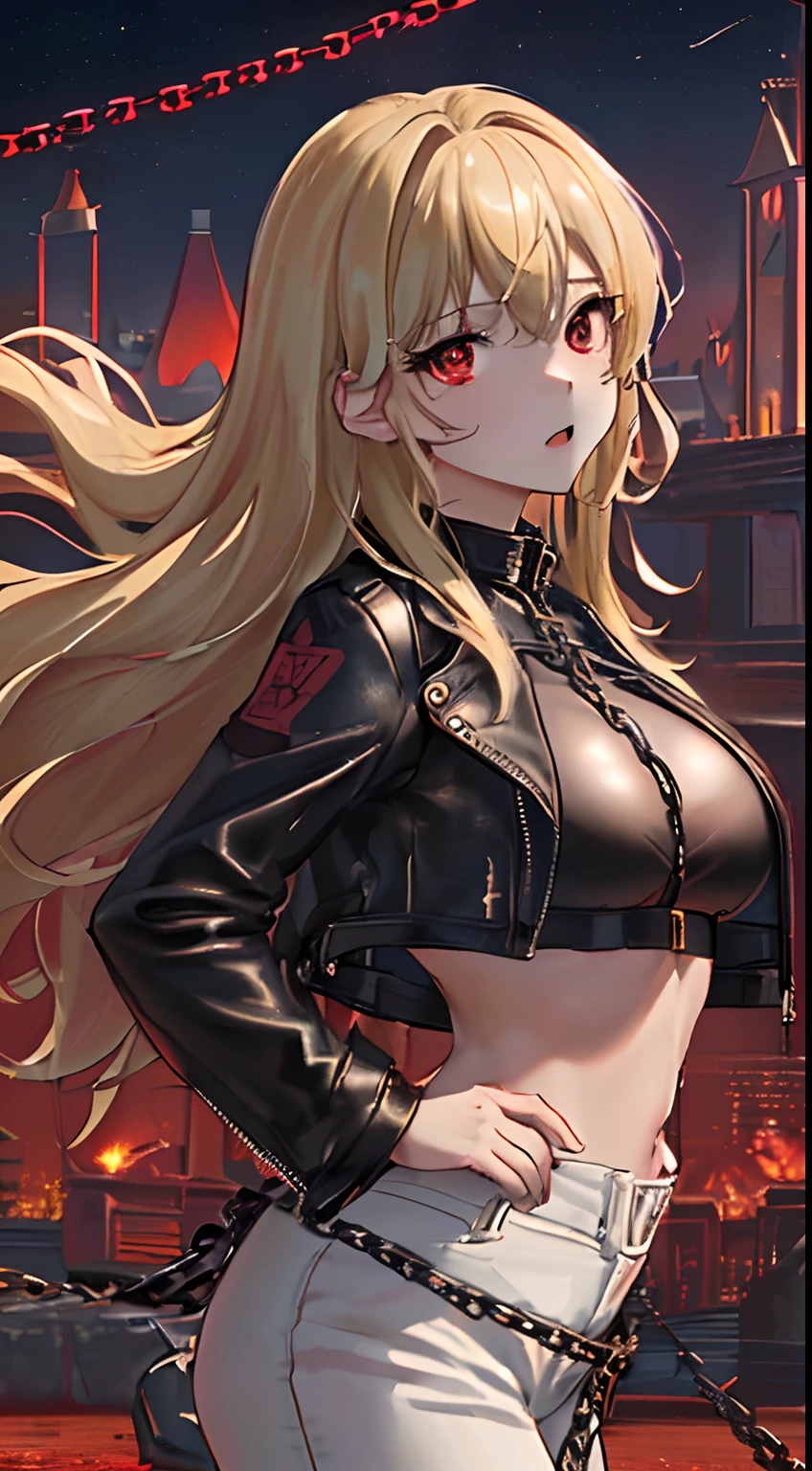 top-quality、Top image quality、masterpiece、girl with((cute little、18year old、Best Bust、Medium bust、Bust 85,Red eyes to issue、Breasts wide open,Valley、Blonde long hair、A slender、Black leather bra、Black leather jacket、White trousers、astonished face、Follow your audience)hiquality、Beautiful Art、Background with((nightcity、The ground glows red、Divided land、Chain from the ground)),masutepiece、Elaborate design、visualart、depth of fields、The best lighting、highestdetailed、