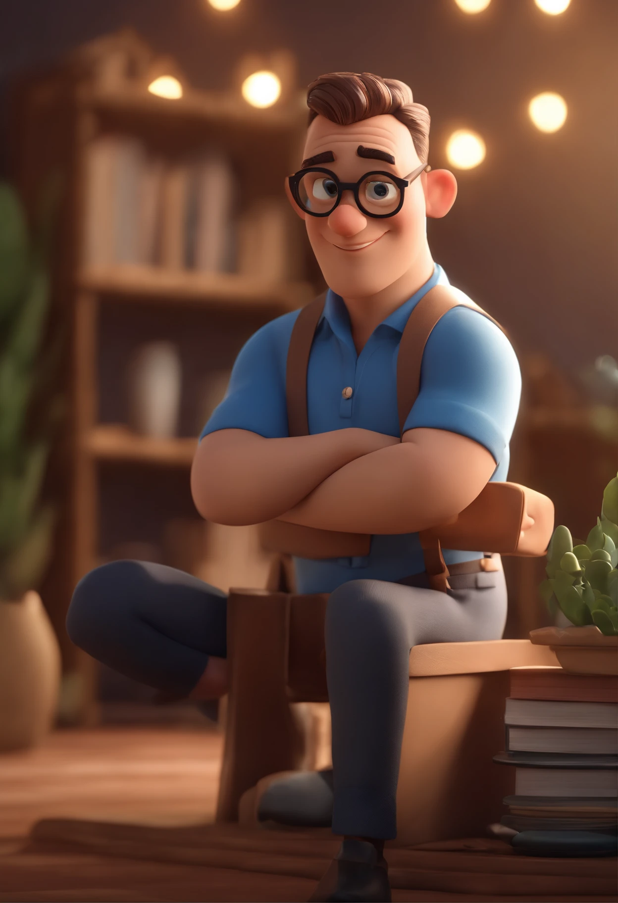 Cartoon character of a man wearing black glasses and a blue shirt, um personagem animado, Caractere estilizado, animation style rendering, 3D estilizado, Arnold Maya render, 3 d render stylized, toon render keyshot, Personagem 3D, Personagem 3D, 3d rendering stylized, 3 d character render, personagem de desenho animado, Personagem de close up, Pose de personagem, (Estilo Pixar) (master part:1.2) (Bokeh) (best quality) (pele detalhada) (textura detalhada) (8k) (argila) (Cinematic lighting) (foco nítido,Senta e vaza a parte superior do corpo