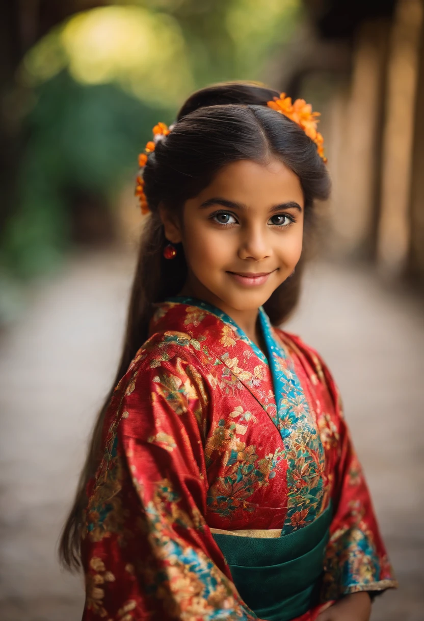 menina: Leticia, aproximadamente 12 anos de idade, cabelo longo estilo Disney, olhos castanhos e sorrisos, com kimono.