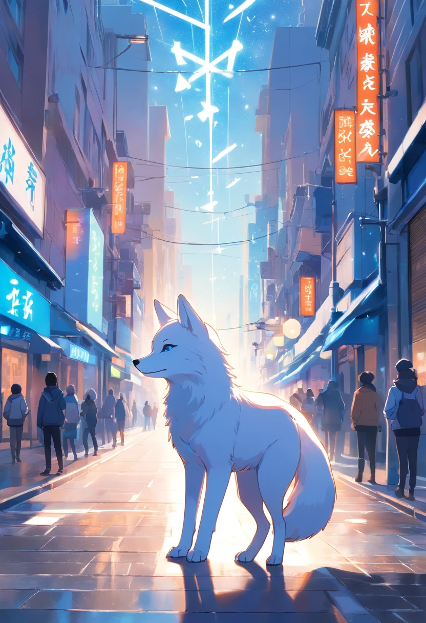 on busy city street,A magical white fox appears。Its fur is as white as snow,It emits a mysterious and mesmerizing blue glow。More striking,It was covered with patterns that shimmered with ancient runes,It shows its special identity and power。The white fox has an elegant and noble posture,The rhythm is light and precise。Its eyes are bright and intelligent,The light of the stars shimmered blue,