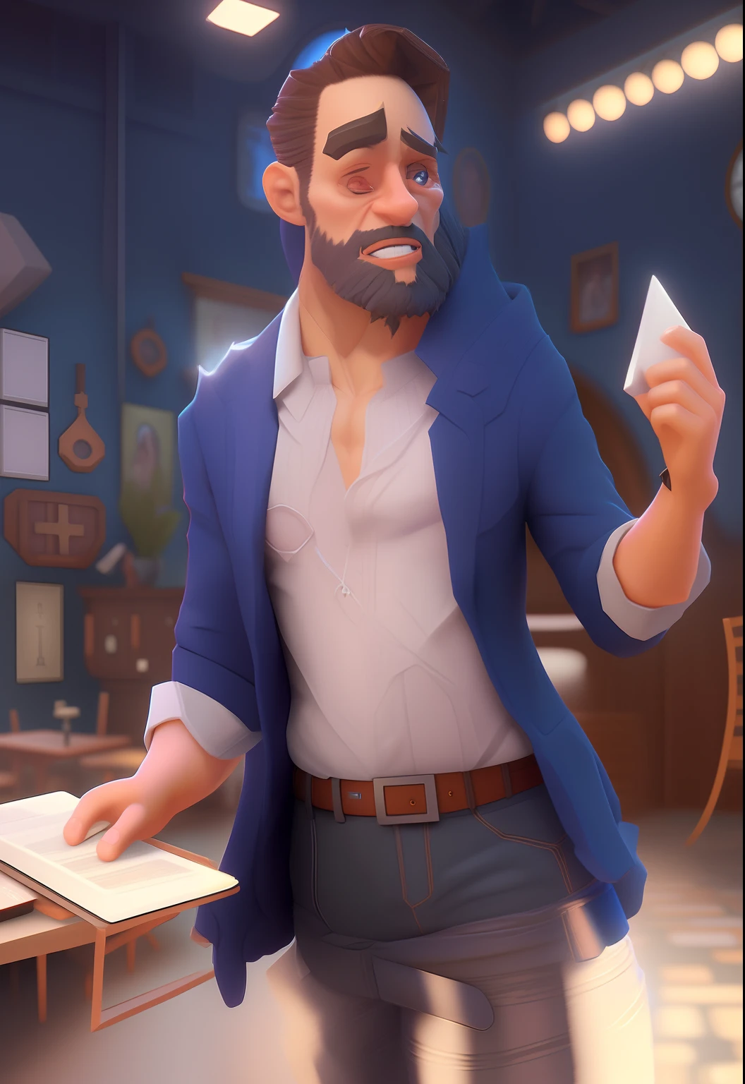 Homem de jaqueta preta segurando um microfone ,  inside a Catholic church, Singing semi-realistic rendering, 3 d render stylized, animation style rendering, 3d rendering stylized, stylized as a 3d rendering, promotional render, Artista CG, realista estilo 3d, super detailed rendering, toon render keyshot, animation character, estilo de arte fotorrealista, 3 d character render