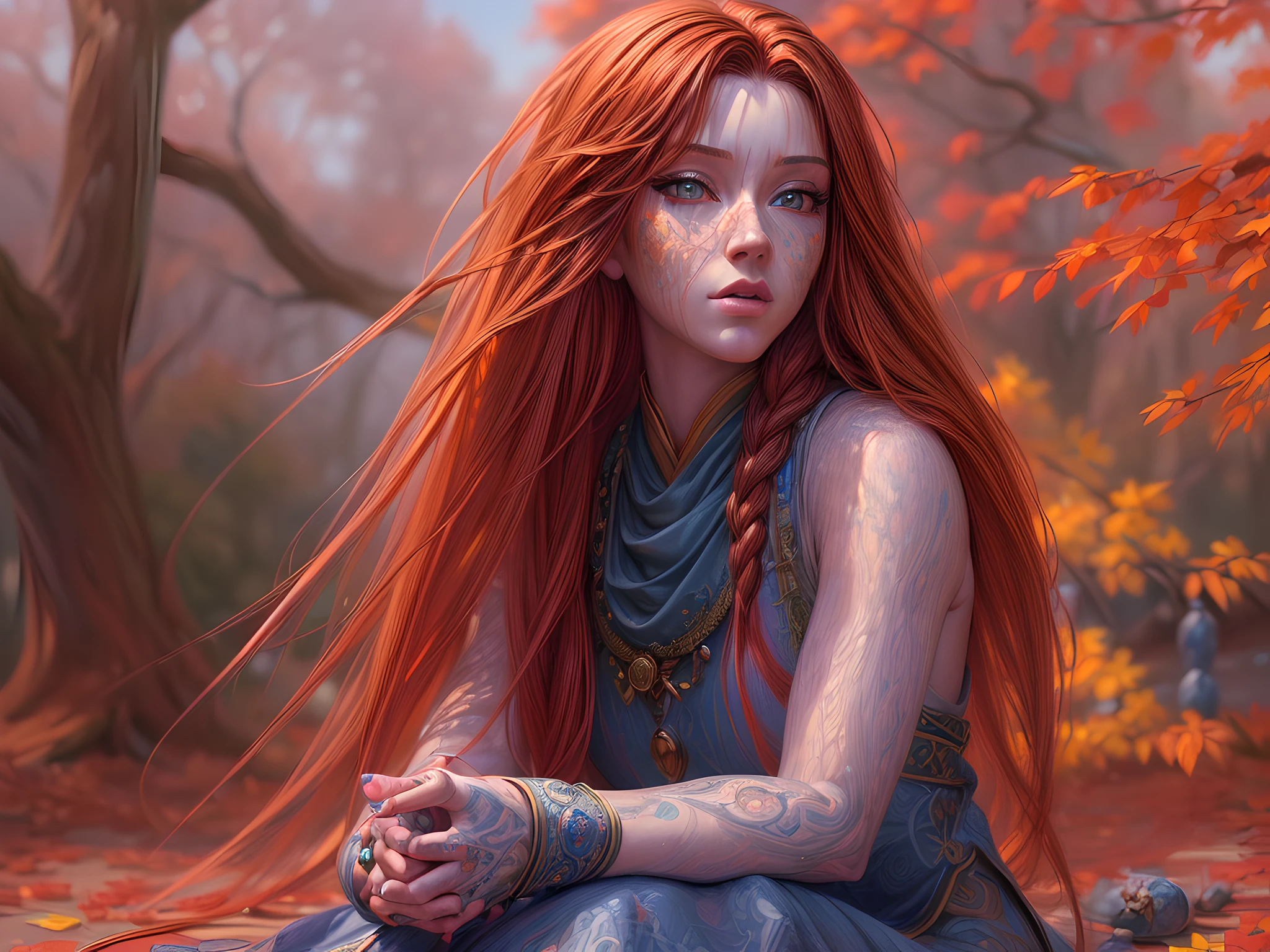 (Pixar Art: 1.5) fantasy art, photorealistic, D&D art, a picture of a female monk sitting and meditating in Central Park New York in autumn, there is a human woman monk wearing monk garbs, meditating at Central Park New York, red hair, long hair, full body (best Detailed, Masterpiece, Hyperrealistic :1.5), ultra detailed face (best Detailed, Masterpiece, Hyperrealistic :1.5), ultra feminine (best detailed, Masterpiece, Hyperrealistic :1.5), Perfect Body, exquisite beautiful (best Detailed, Masterpiece, Hyperrealistic :1.5) red hair, long hair, braided hair, pale skin, blue eyes, intense eyes, ultra best realistic, best details, best quality, 16k, [ultra detailed], masterpiece, best quality, (extremely detailed), ultra wide shot, photorealism, depth of field, hyper realistic painting, pixarstyle
