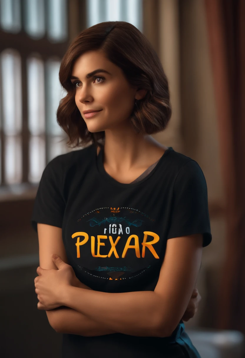 filme Marketing 2023 estilo filmes Pixar, Com nome "N - Marketing", poster, With short, lighter brunette hair and a black t-shirt in front of her crossed arms.