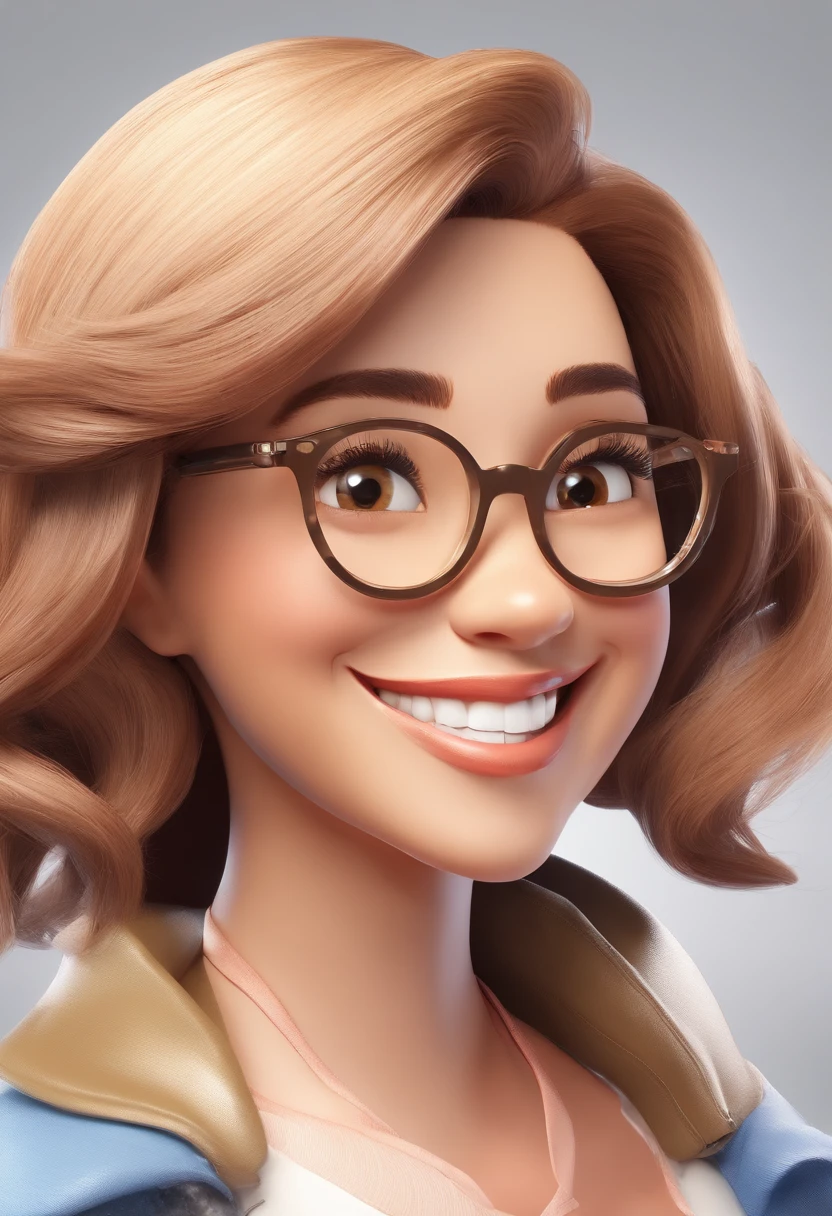 Smiling woman Illustrator, sorriso insano, mulher de pele marrom com um sorriso gigante, and round glasses, Round glasses, cabelo curto castanho, short hair brown, happily smiling at the camera, sorriso atrevido, she's smiling, sorriso muito grande, Smiling girl, foto de perfil headshot, rindo sorriso enorme, desenhando no estilo de Arte 3D, c4d, fundo de cor branco puro, estilo disney, estilo pixar render ilustracao Super Detalhe, 8k