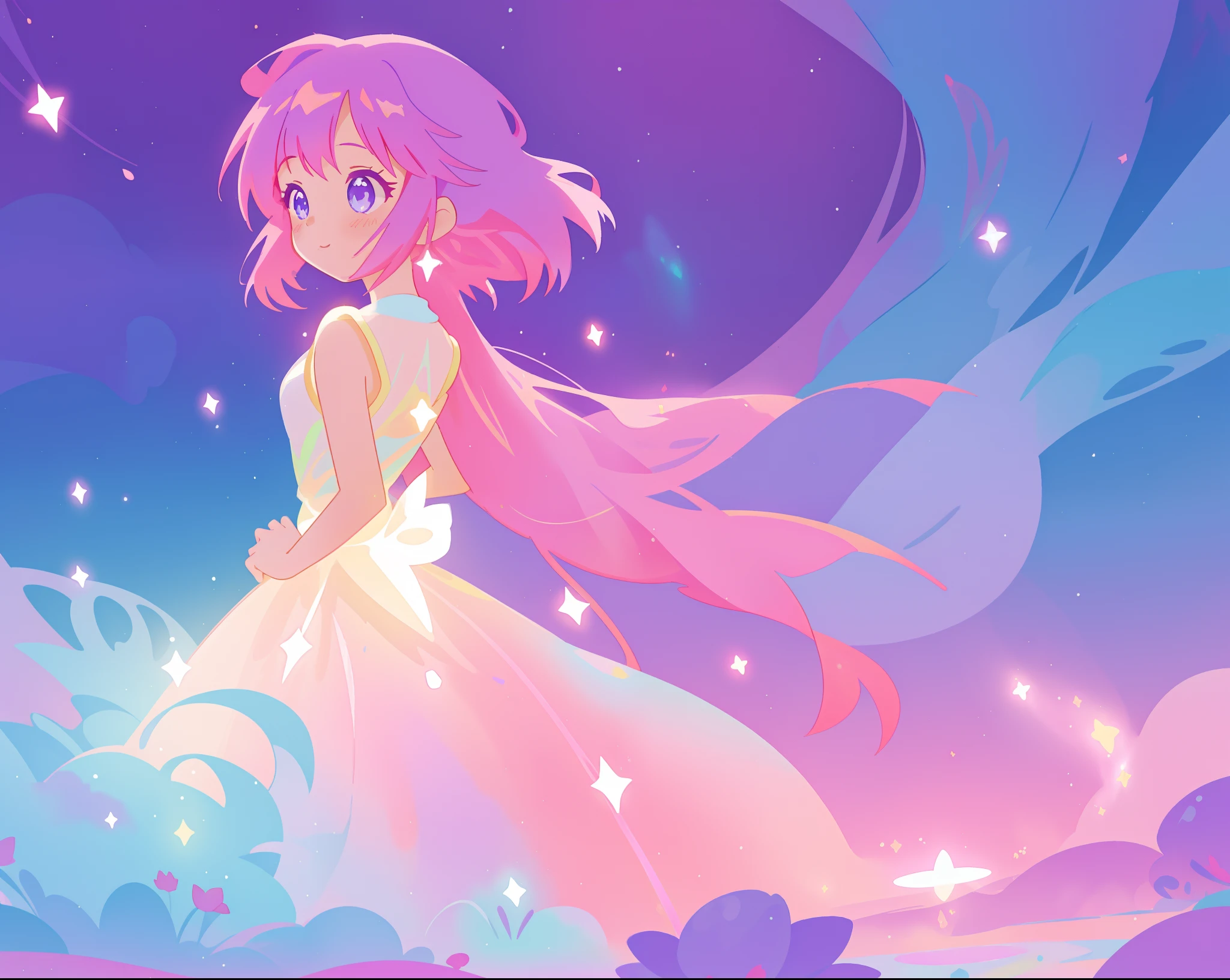beautiful girl in colorful sparkling flowing ballgown, long flowing purple pink hair, colorful sparkling lights, flowing liquid theme, colorful fantasia background, watercolor illustration, disney art style, glowing aura around her, glowing lights, beautiful digital illustration, fantasia otherworldly landscape plants flowers, beautiful, masterpiece, best quality, anime disney style