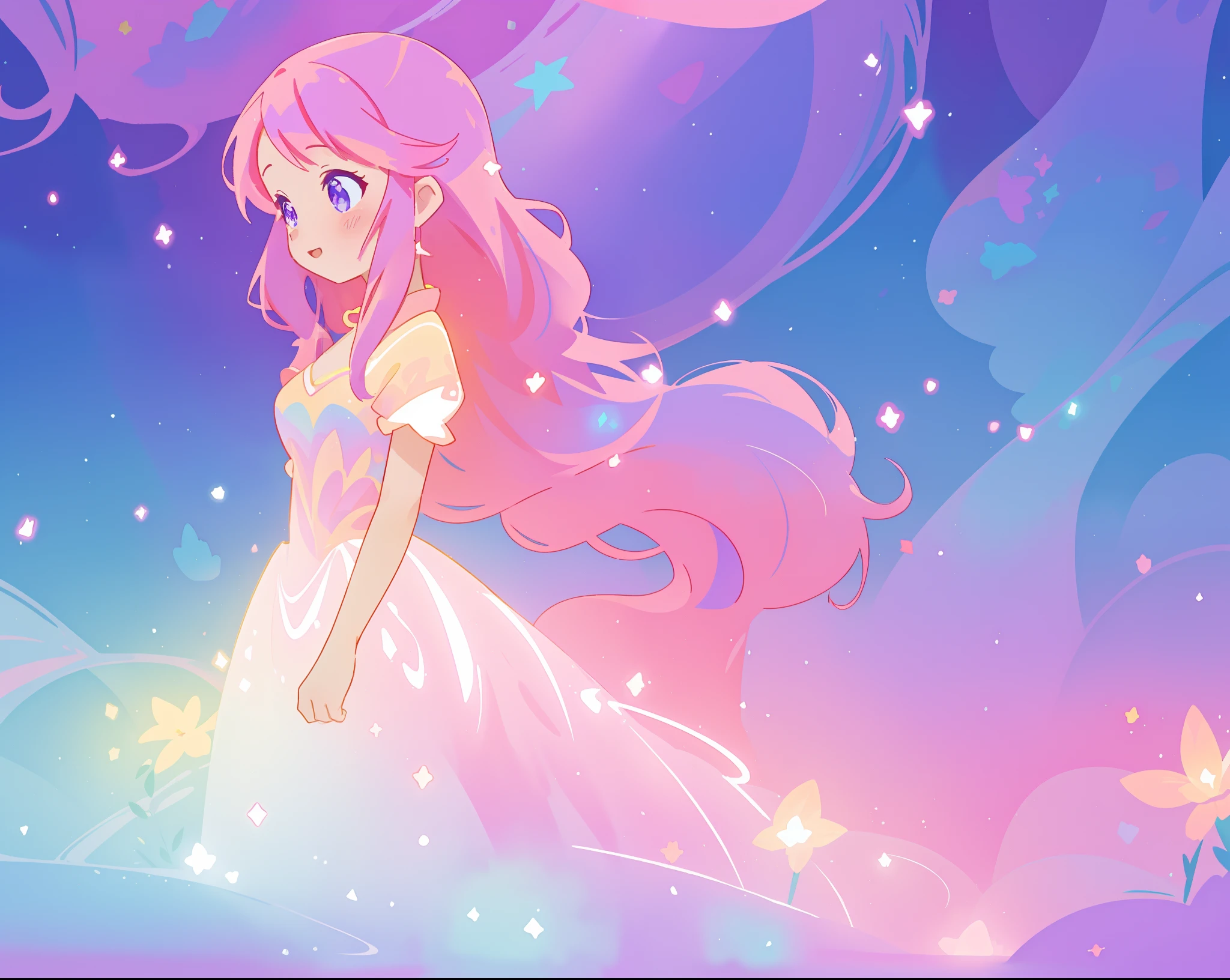 beautiful girl in colorful sparkling flowing ballgown, long flowing purple pink hair, colorful sparkling lights, flowing liquid theme, colorful fantasia background, watercolor illustration, disney art style, glowing aura around her, glowing lights, beautiful digital illustration, fantasia otherworldly landscape plants flowers, beautiful, masterpiece, best quality, anime disney style