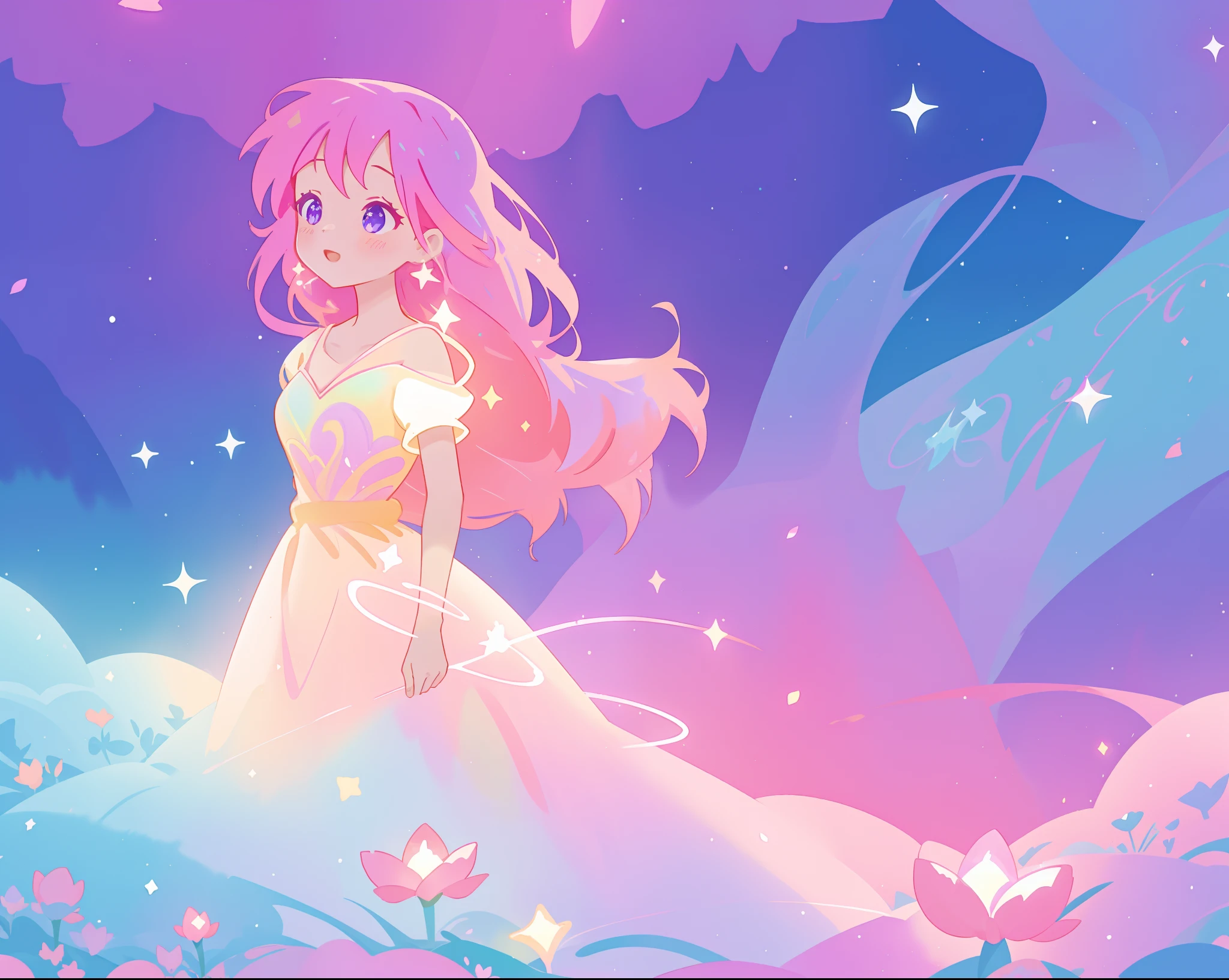 beautiful girl in colorful sparkling flowing ballgown, long flowing purple pink hair, colorful sparkling lights, flowing liquid theme, colorful fantasia background, watercolor illustration, disney art style, glowing aura around her, glowing lights, beautiful digital illustration, fantasia otherworldly landscape plants flowers, beautiful, masterpiece, best quality, anime disney style