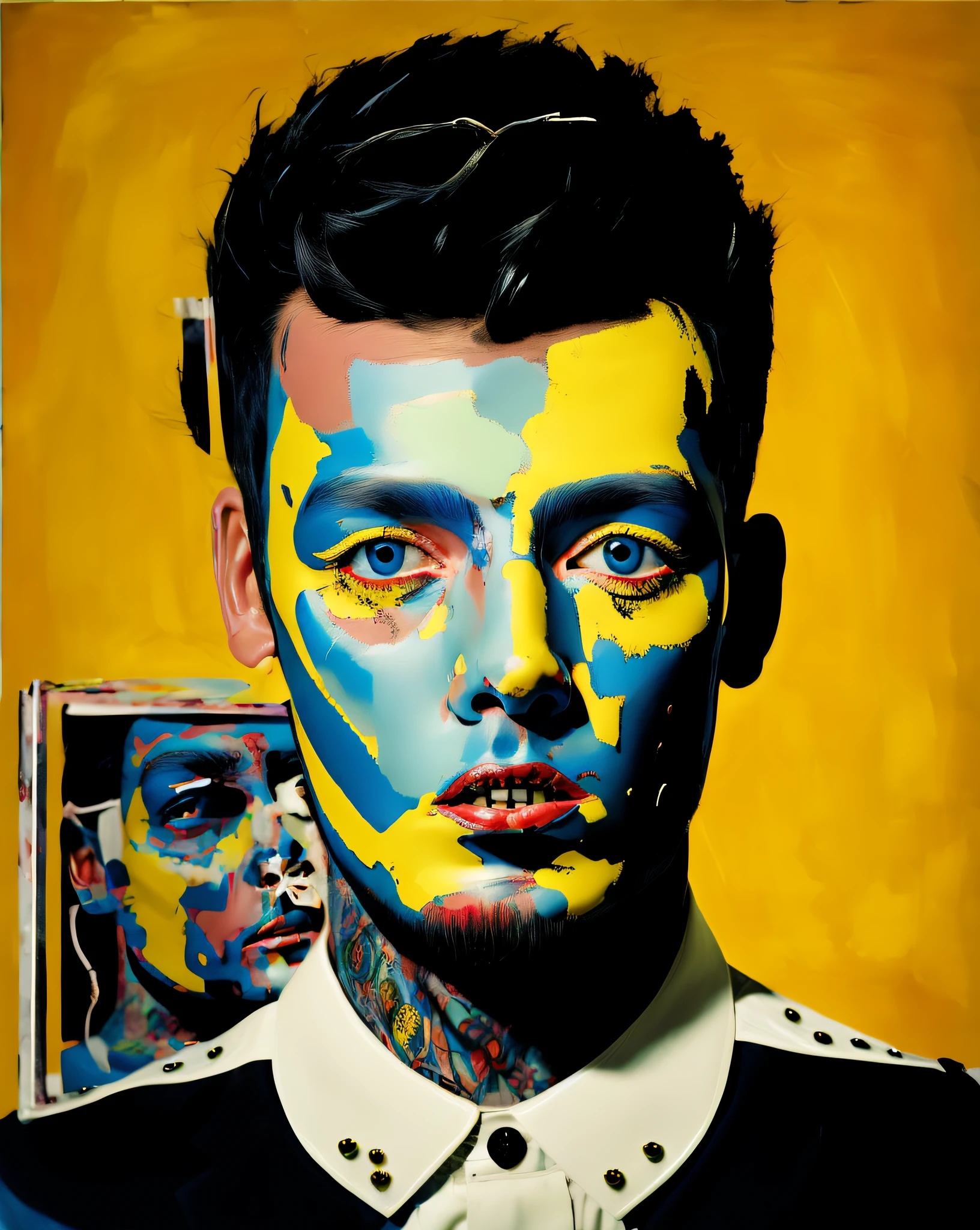 a painting of a man with a black hair , solo, simple background, black hair, 1boy, male focus, parted lips, black eyes, piercing, portrait, yellow background  ,