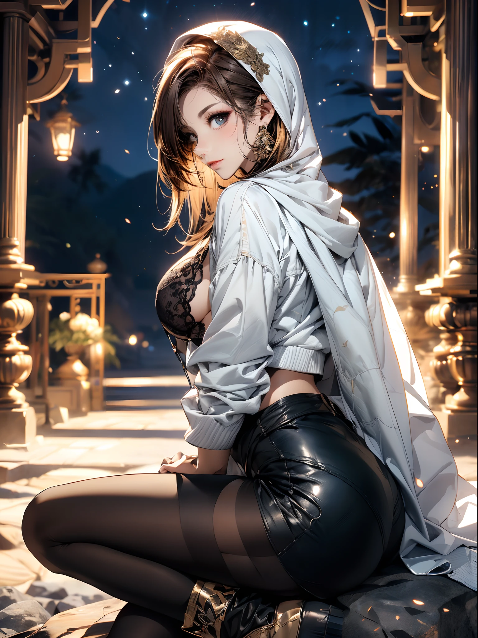 a matured woman with long black hair and a white outfit, (at a rock place in a desert:1.5), (resting in oasis:1.2, sitting with spreading legs:1.5, Yoga posing, with cross-legged:1.3, Indian style, in front of full moon:1.2), Arabic, (Post apocalyptic:0.0), from arknights, artwork in the style of guweiz, bodyesbian, fine details. girls frontline, beautiful anime illustration, from girls frontline, by Yang J, stunning, 26 years old, (milf:1.3), (solo:1.5), (sfw:1.25), sagging breast, large breasts, big tits, thin waist, big ass, Raised sexy, (dark mahogany medium short hair, updo, hair over one eye, asymmetric hair, Carly hair, low tied),(musulman, white Headscarfs, hair bands, head vandage, Turban), (ultra high resolution, 8K RAW photo, photo realistics, thin outline:1.3, clear focus), best qualtiy, natural lighting, blurry back ground, field depth, bokeh, (Bright pupils, detailed beautiful eyes, high detailed face), Red lip, looking away, (dynamic angle, front view:1.1, crotch focus:1.3, from above), dynamic posing, sexy posing, leaning forward, seductive smiling, center image, (wearing white long jacket and clothes, wearing white robes, platinum ornaments, rolling white clothes around waist, camel-brown long leather boots:1.3, translucent lace pantyhose), ((correct anatomy:1.5)), ((outdoor:1.2, in a night:1.3)),
