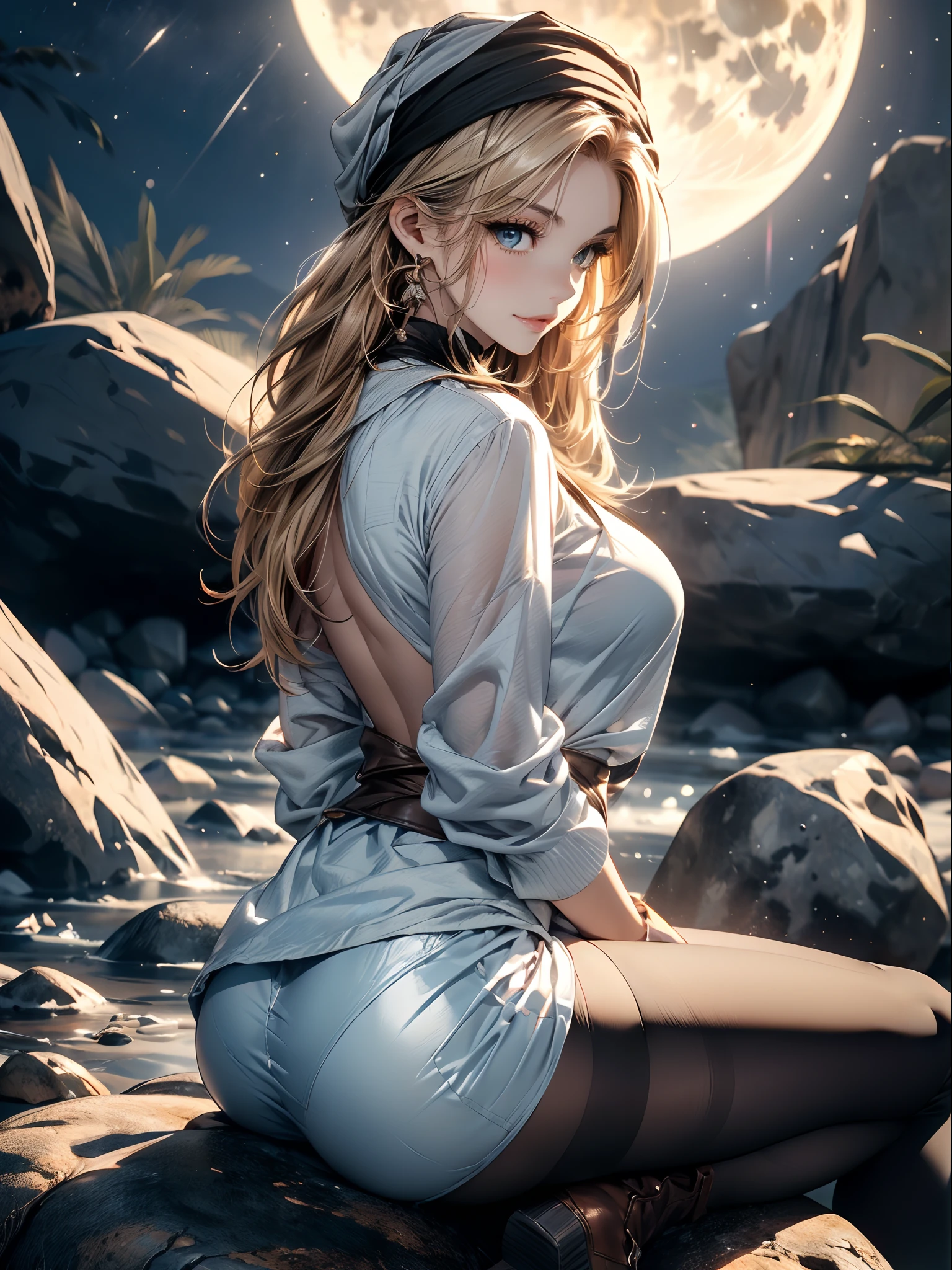 a matured woman with long black hair and a white outfit, (at a rock place in a desert:1.5), (resting in oasis:1.2, sitting with opening legs:1.5, Yoga posing, with cross-legged:1.3, in front of full moon:1.2), Arabic, (Post apocalyptic:0.0), from arknights, artwork in the style of guweiz, bodyesbian, fine details. girls frontline, beautiful anime illustration, from girls frontline, by Yang J, stunning, 26 years old, (milf:1.3), (solo:1.5), (sfw:1.25), sagging breast, large breasts, big tits, thin waist, big ass, Raised sexy, (dark mahogany medium short hair, updo, hair over one eye, asymmetric hair, Carly hair, low tied),(musulman, white Headscarfs, hair bands, head vandage, Turban), (ultra high resolution, 8K RAW photo, photo realistics, thin outline:1.3, clear focus), best qualtiy, natural lighting, blurry back ground, field depth, bokeh, (Bright pupils, detailed beautiful eyes, high detailed face), Red lip, looking away, (dynamic angle, front view:1.1, crotch focus:1.3, from above), dynamic posing, sexy posing, leaning forward, seductive smiling, center image, (wearing white long jacket and clothes, wearing white robes, platinum ornaments, rolling white clothes around waist, camel-brown long leather boots:1.3, translucent lace pantyhose), ((correct anatomy:1.5)), ((outdoor:1.2, in a night:1.3)),