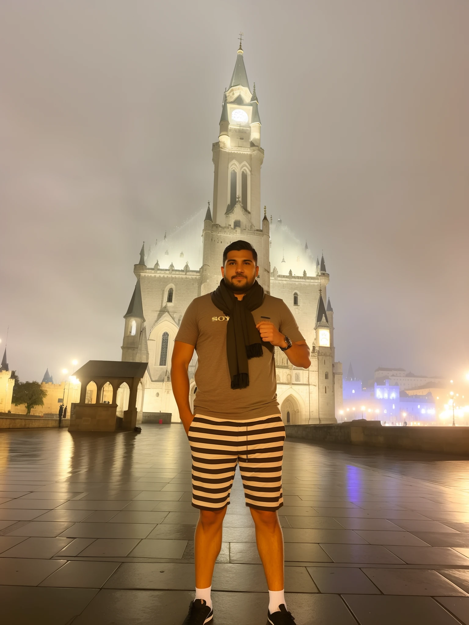 there is a man standing in front of a building with a clock tower, at evening during rain, standing in a city center, com pano de fundo de raios de deus, em frente a uma cidade de fantasia, com uma cidade em segundo plano, foto de perfil 1024px, at night time, com um castelo ao fundo, Tomado com Sony Alpha 9