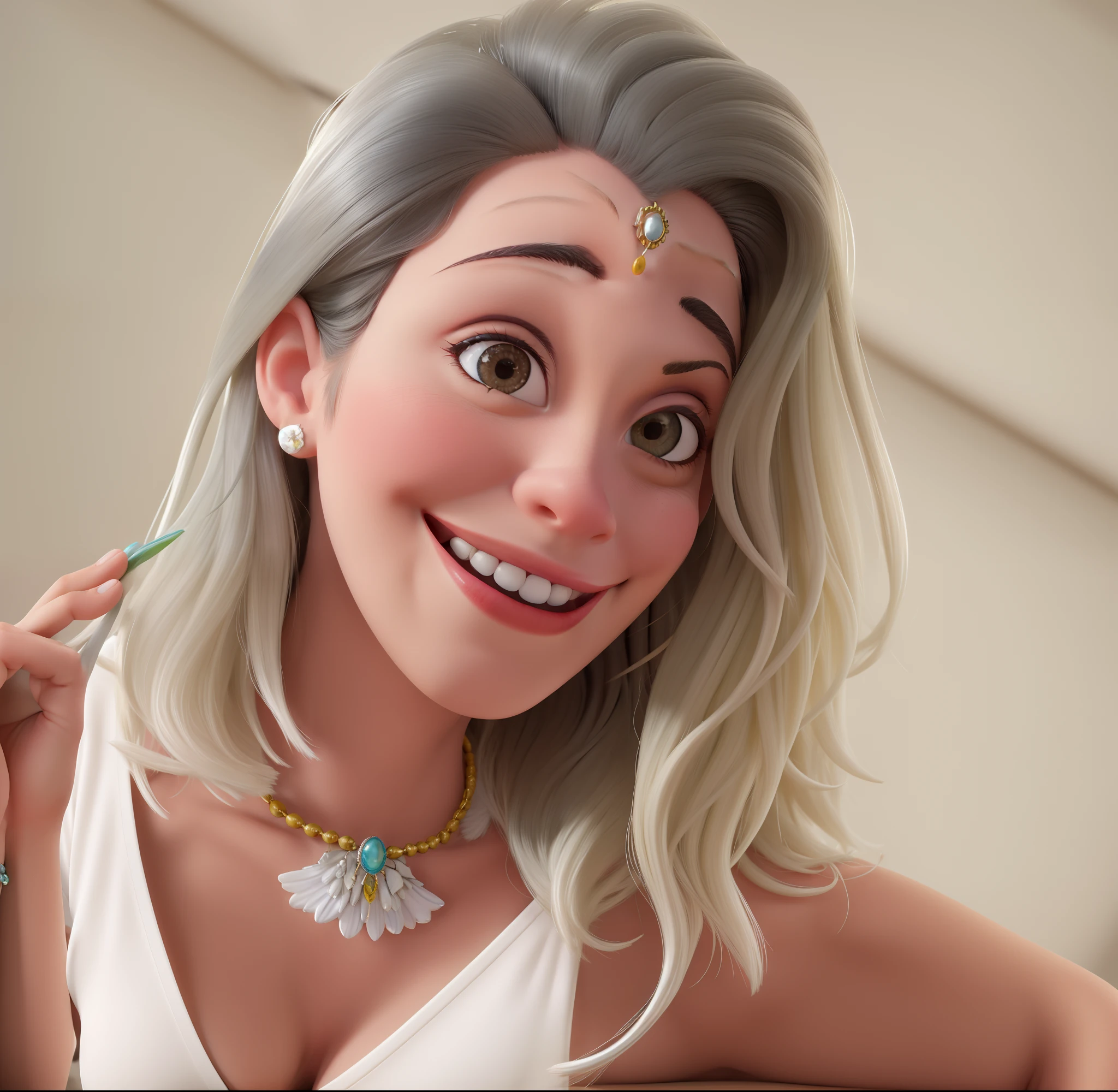 Mulher branca, sorrindo, aproximadamente 40 anos, cabelos castanhos claros com luzes, colar, brinco de perola brando, blusa branca, em uma sala com pintura clara.