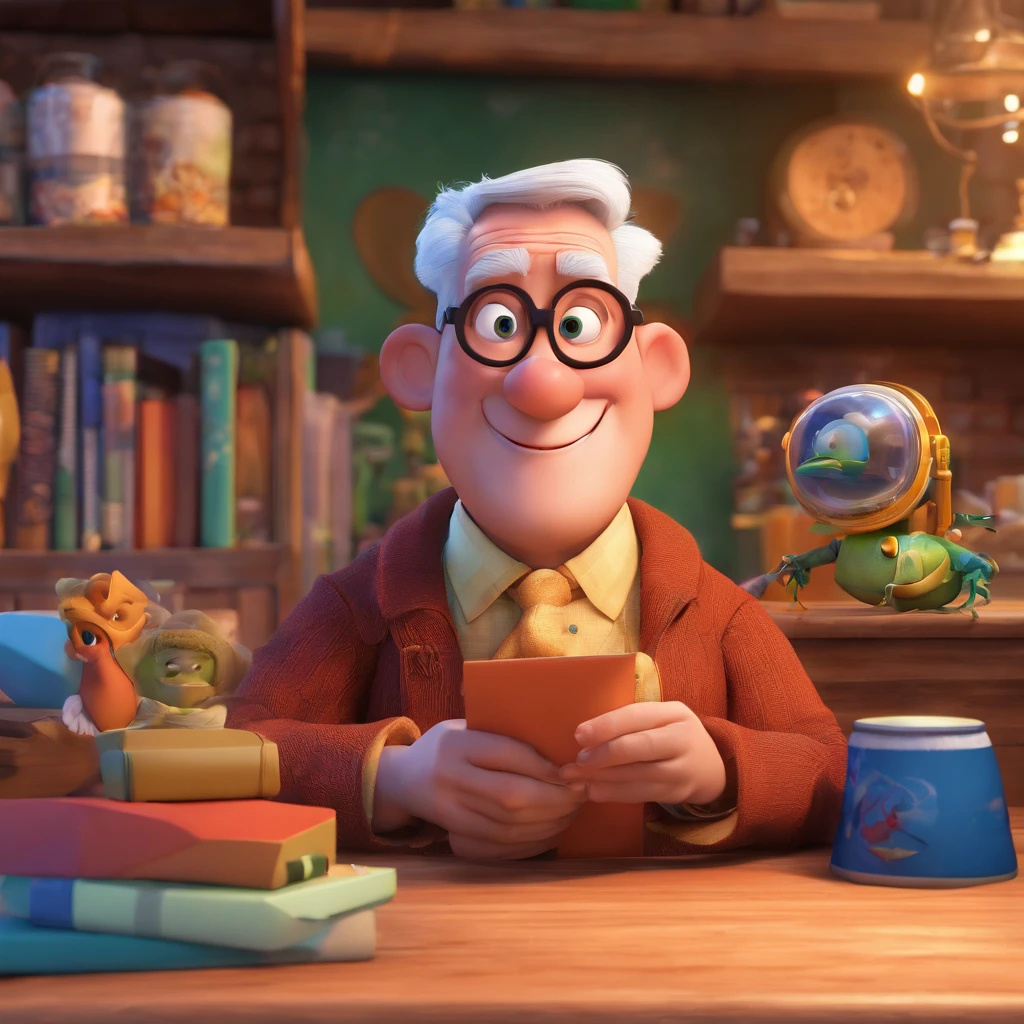 Crie um cartaz inspirado na Disney Pixar com o personagem sendo o deputado Keniston Braga, A white-haired man wearing glasses, the scene will be in Pixar's distinctive digital art style. Focus on character expressions, Vibrant colors and detailed textures present your animations, with the title " Keniston Braga no meio, Quero a cena dos principais filmes do PIXar