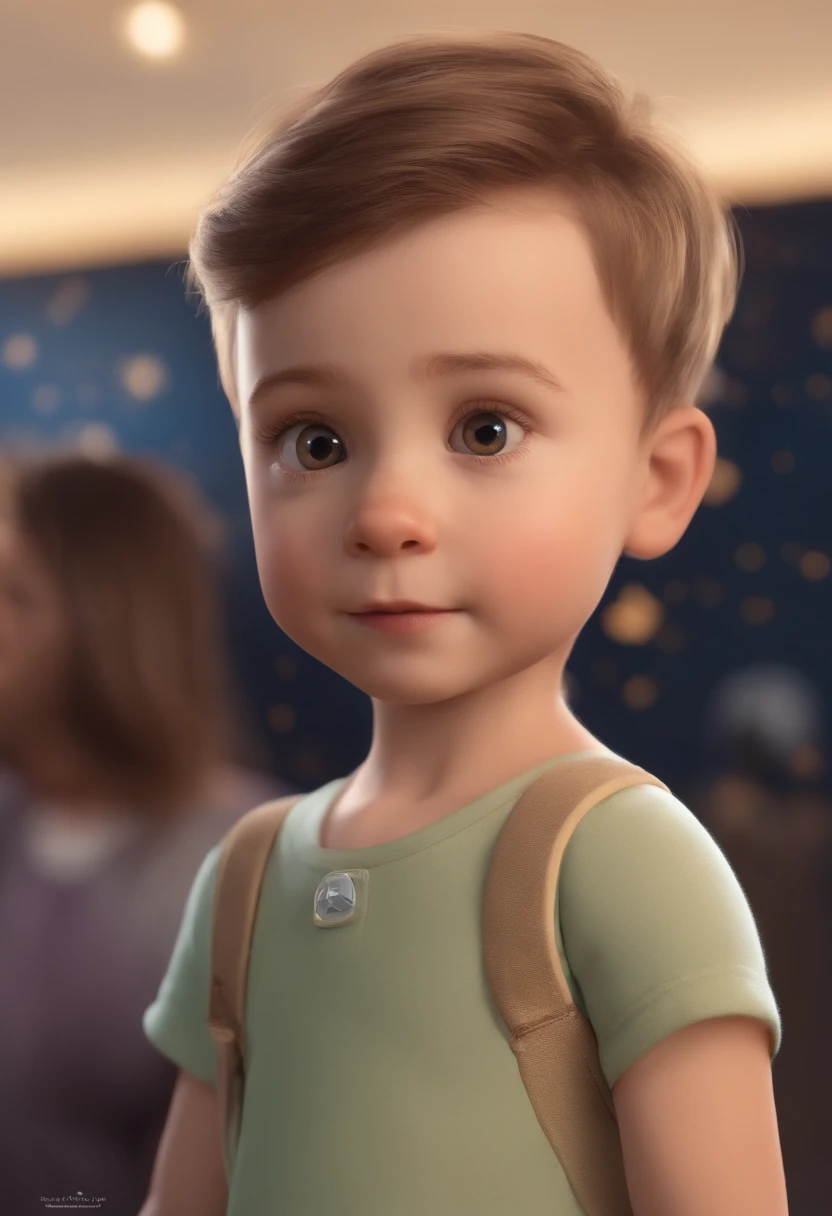 a happy cute kid standing short hair, vestindo uma fantasia espacial, , fundo branco, barnet, Tom, Estilo Pixar, ....3d, desenhos animados, rosto detalhado, asymmetrical 16k