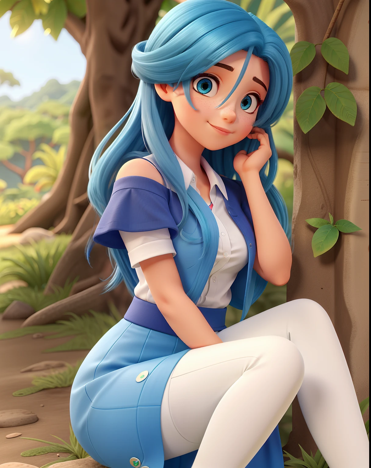 Mulher cabelo castanho claro e olhos azuis com traje social na cor azul olhando a natureza linda