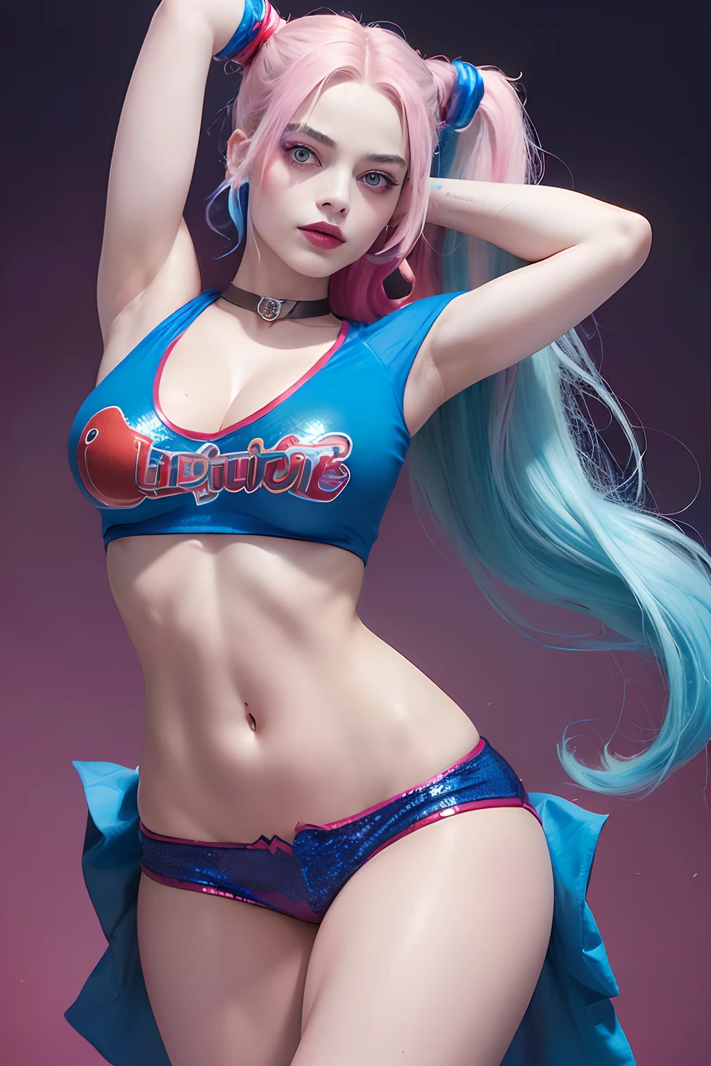 (masterpiece, best quality, ultra-HD, wallpaper, cinematic, photorealistic), (medium shot), ((alluring woman, sensual pose:1.2)), ((perfect anatomy, slim athletic body, very sexy body, very glossy skin, reddish skin, medium breasts)), (medium cleavage, long round legs, round hips), (perfect hands, perfect feet), ((visually striking representation of Margot Robbie's Harley Quinn from the movie Suicide Squad)), ((loose waves hair, dip-dyed with a combination of blue and pink hues)), ((wears a red and blue "Daddy's Lil Monster" t-shirt paired with red and blue sequined shorts)), ((dynamic background))