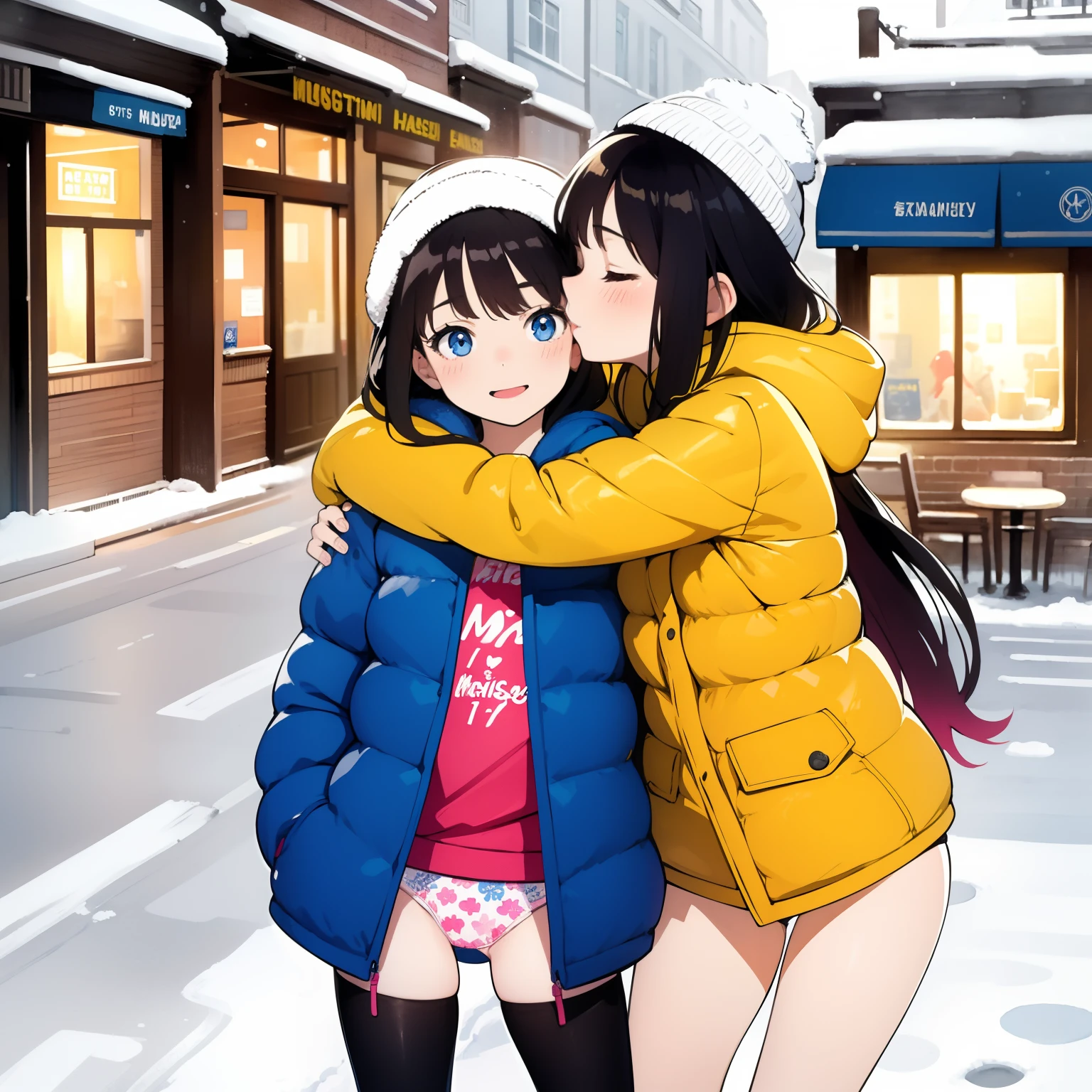 (masterpiece:1.2, best quality), 2girls, ite, youlim, colorful down jacket, (children's print panties), long hair, smile, in street cafe, kissing, hugging, sex, passion, winter, snow, white, bright, watercolor