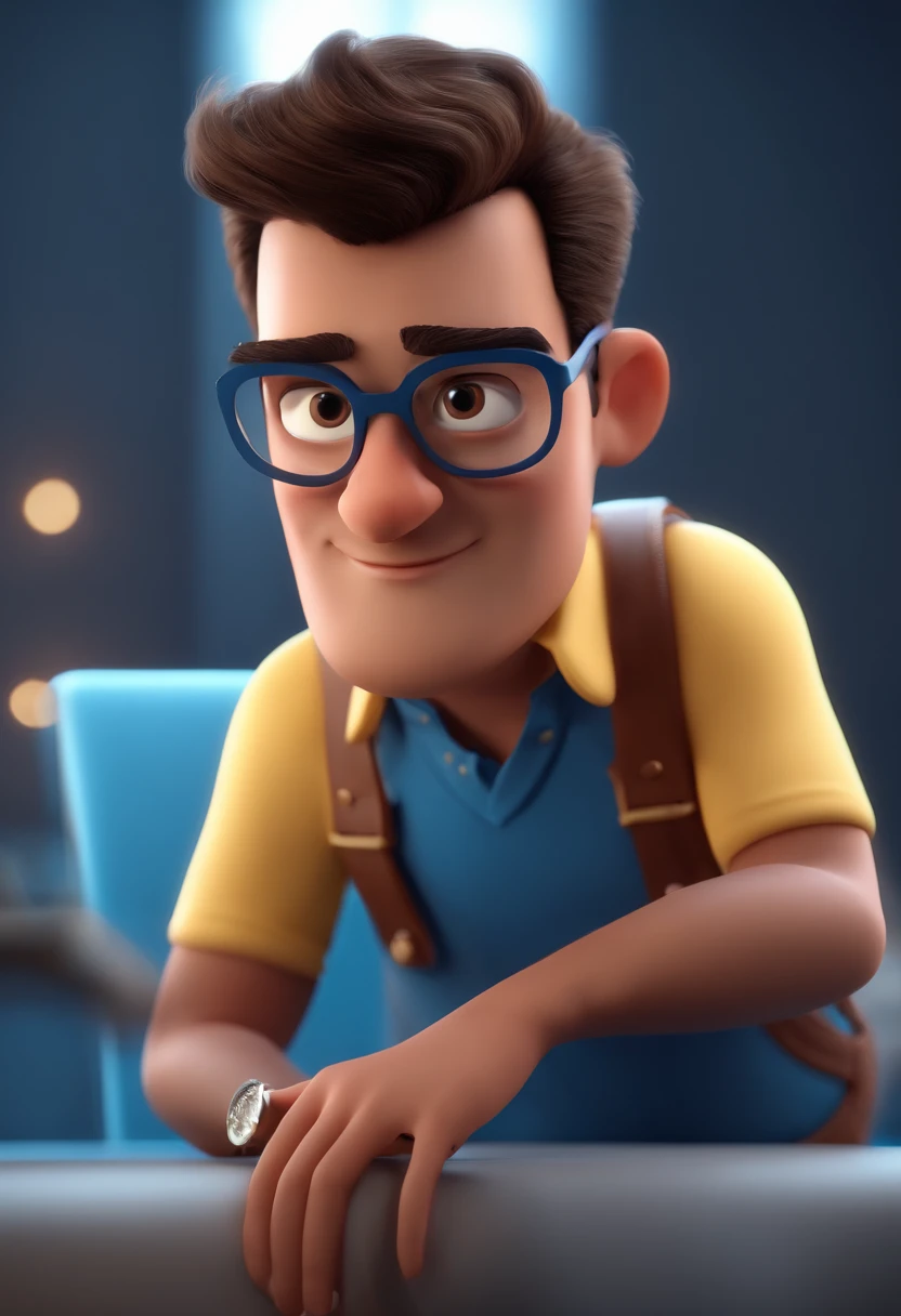 Cartoon character of a man with black glasses and a blue shirt, animation character, Caractere estilizado, animation style rendering, 3D estilizado, Arnold Maya render, 3 d render stylized, toon render keyshot, Personagem 3D, Personagem 3D, 3d rendering stylized, 3 d character render, personagem de desenho animado, Personagem de close up, Pose de personagem, (Estilo Pixar) (master part:1.2) (Bokeh) (best quality) (pele detalhada) (textura detalhada) (8k) (argila) (Cinematic lighting) (foco nítido