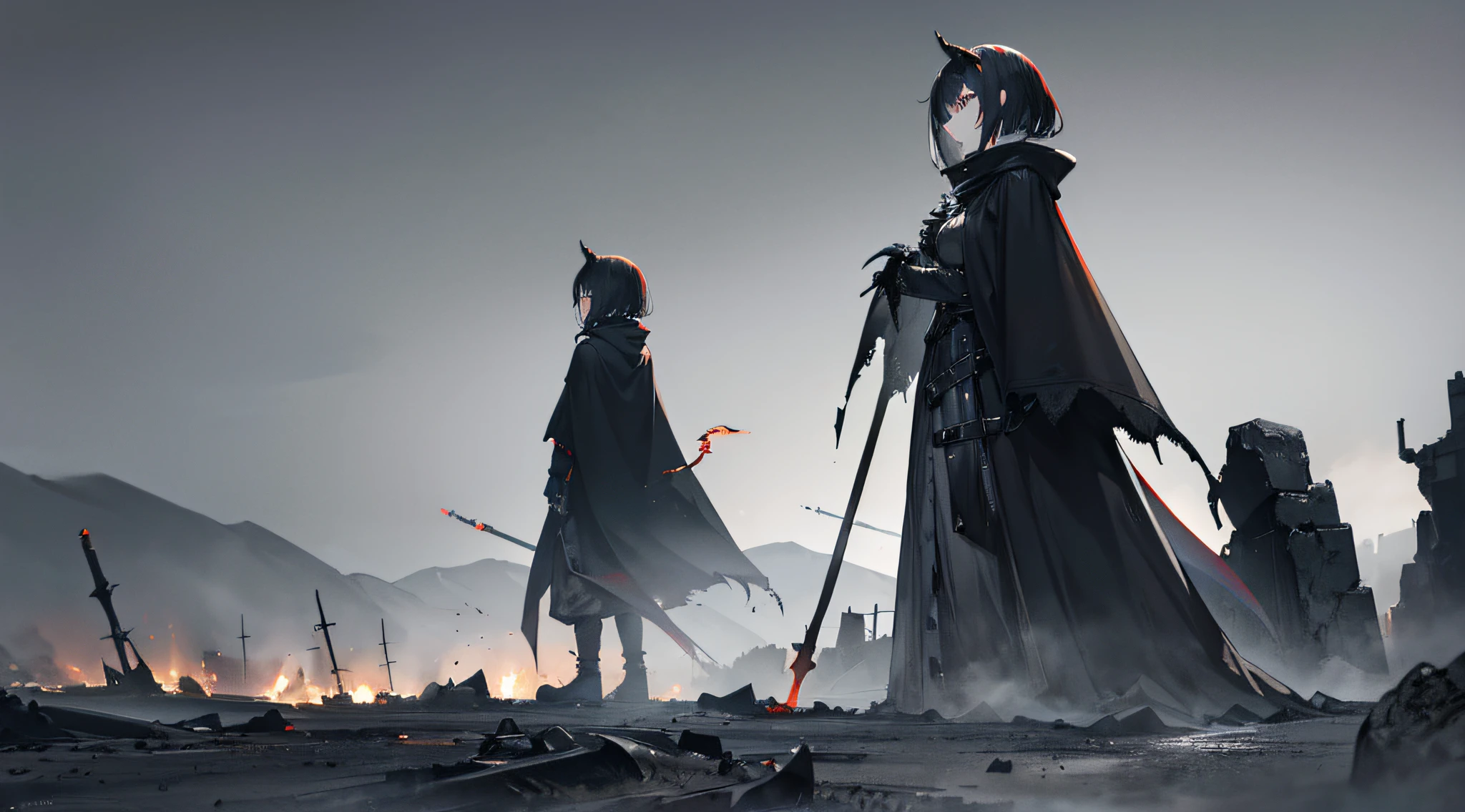 dark landscape, fearful landscape, abomination of desolation, black and gray wastelands filled with nuclear ash, overcast sky, lots of ash, ((empty wastelands)), gloomy monster girl, assembled from different parts girl, horror girl, hastily created girl, empty eyes, bright very multicoloured rainbow grey brown black hair, long sharp iron claws on hands, sharp iron gauntlets, (covered in ash), rag cloak, walks toward the viewer, dark lighting, (toxic emerald lighting)