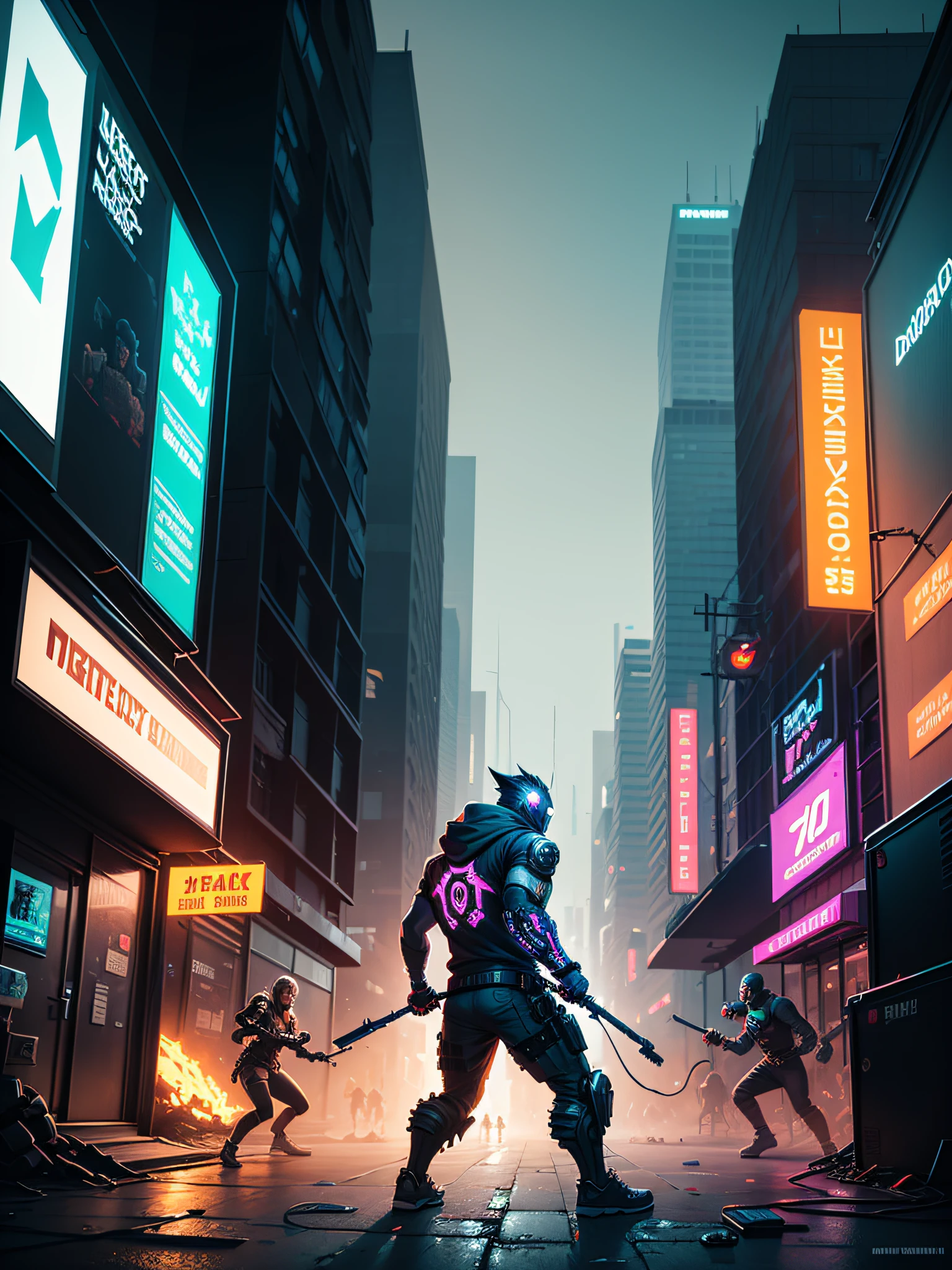 Very strong Pixel art style, street battle, cyberpunk, very intricate, hyper-detailed, masterpiece, 4k, neon and dynamic lighting, colorful, made by Aaron douglas, dystopian and melancholic atmosphere.