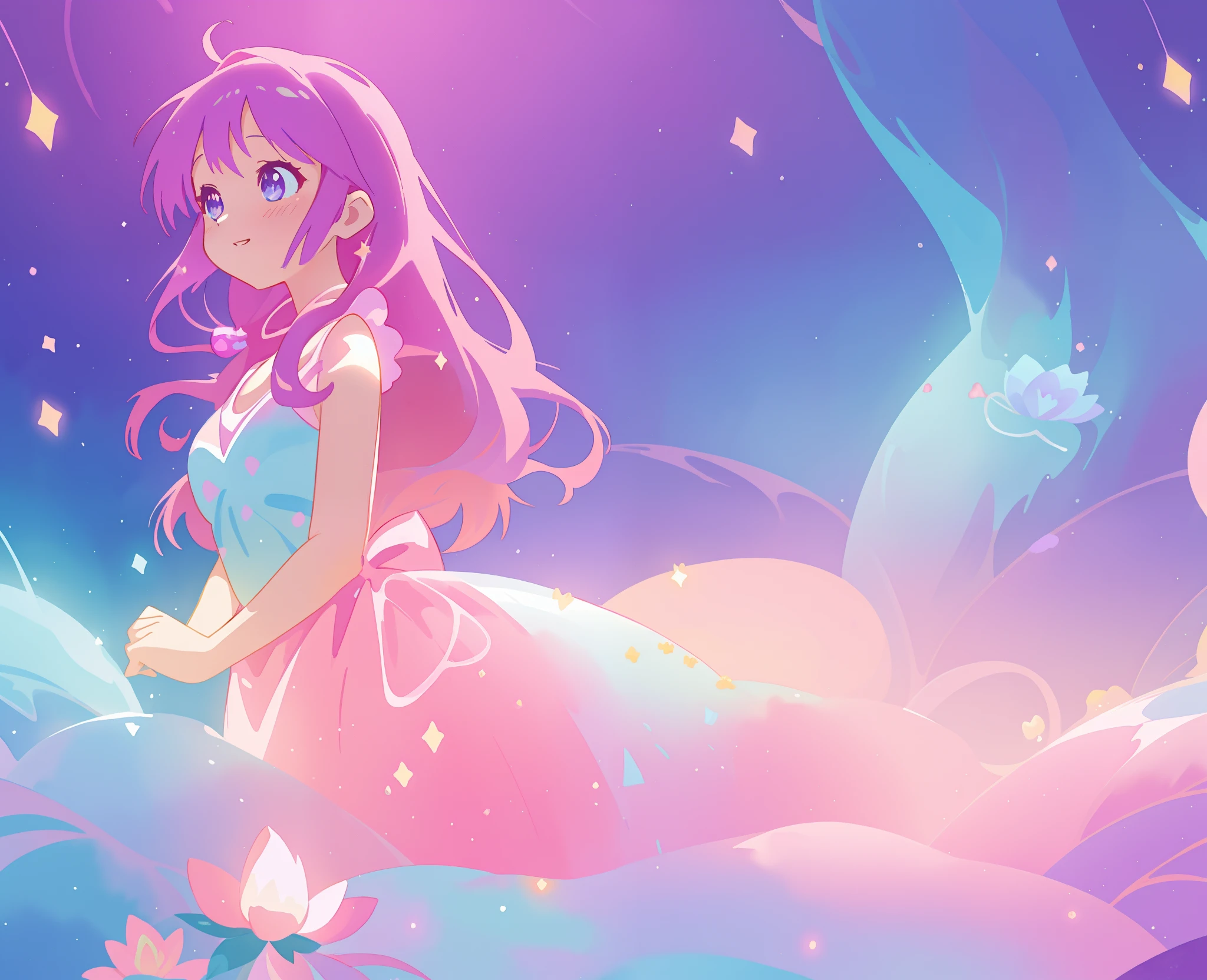 beautiful girl in colorful sparkling flowing ballgown, long flowing purple pink hair, colorful sparkling lights, flowing liquid theme, colorful fantasia background, watercolor illustration, disney art style, glowing aura around her, glowing lights, beautiful digital illustration, fantasia otherworldly landscape plants flowers, beautiful, masterpiece, best quality, anime disney style