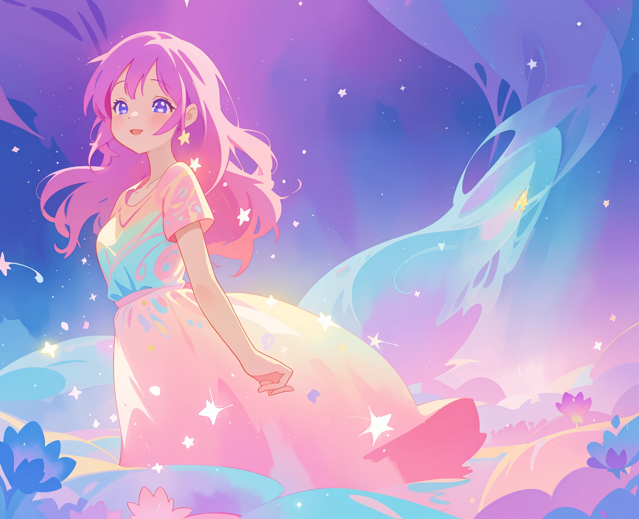beautiful girl in colorful sparkling flowing ballgown, long flowing purple pink hair, colorful sparkling lights, flowing liquid theme, colorful fantasia background, watercolor illustration, disney art style, glowing aura around her, glowing lights, beautiful digital illustration, fantasia otherworldly landscape plants flowers, beautiful, masterpiece, best quality, anime disney style